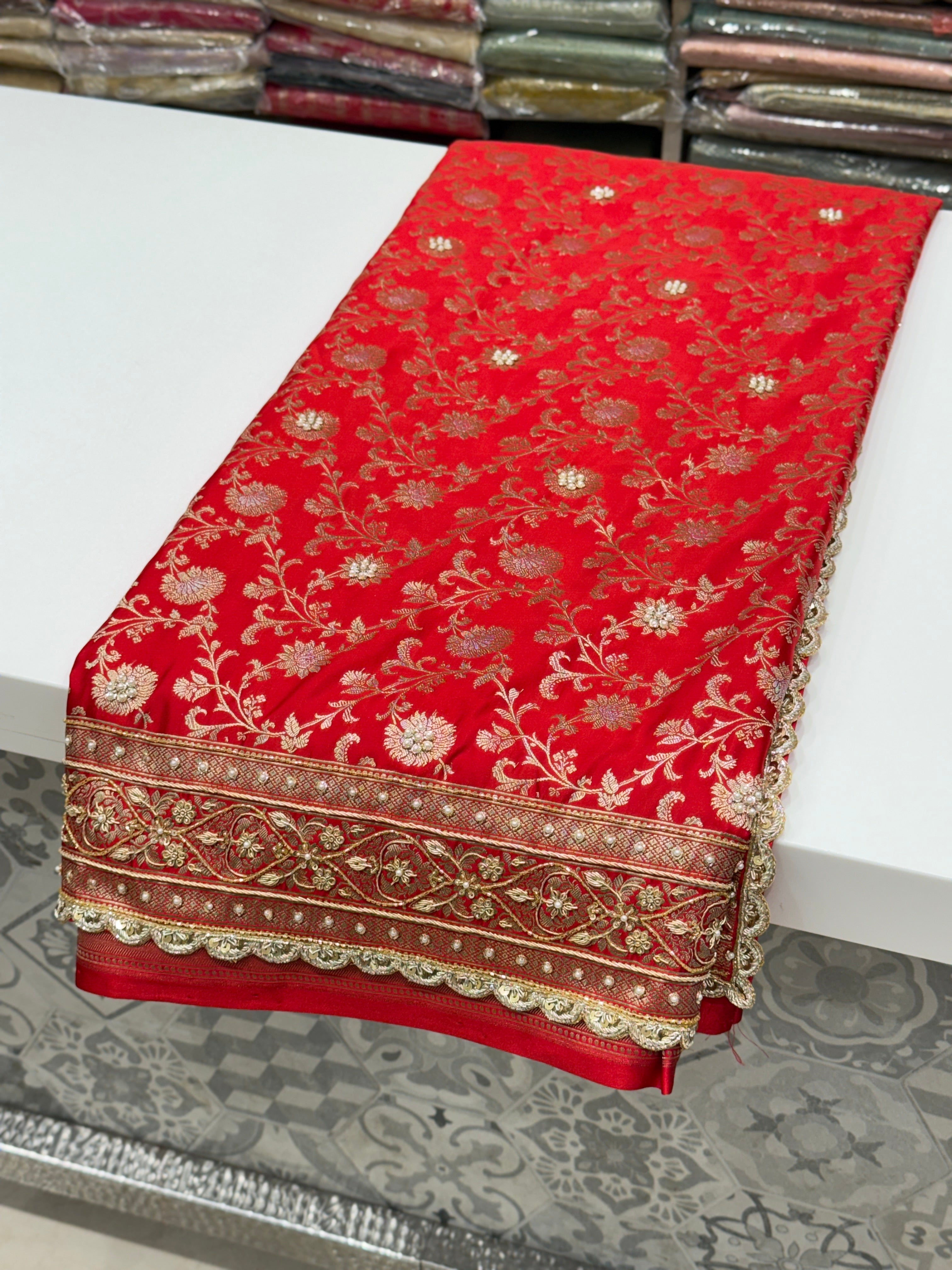 Red Small Jaal Banarasi Zardosi Embroidery Saree