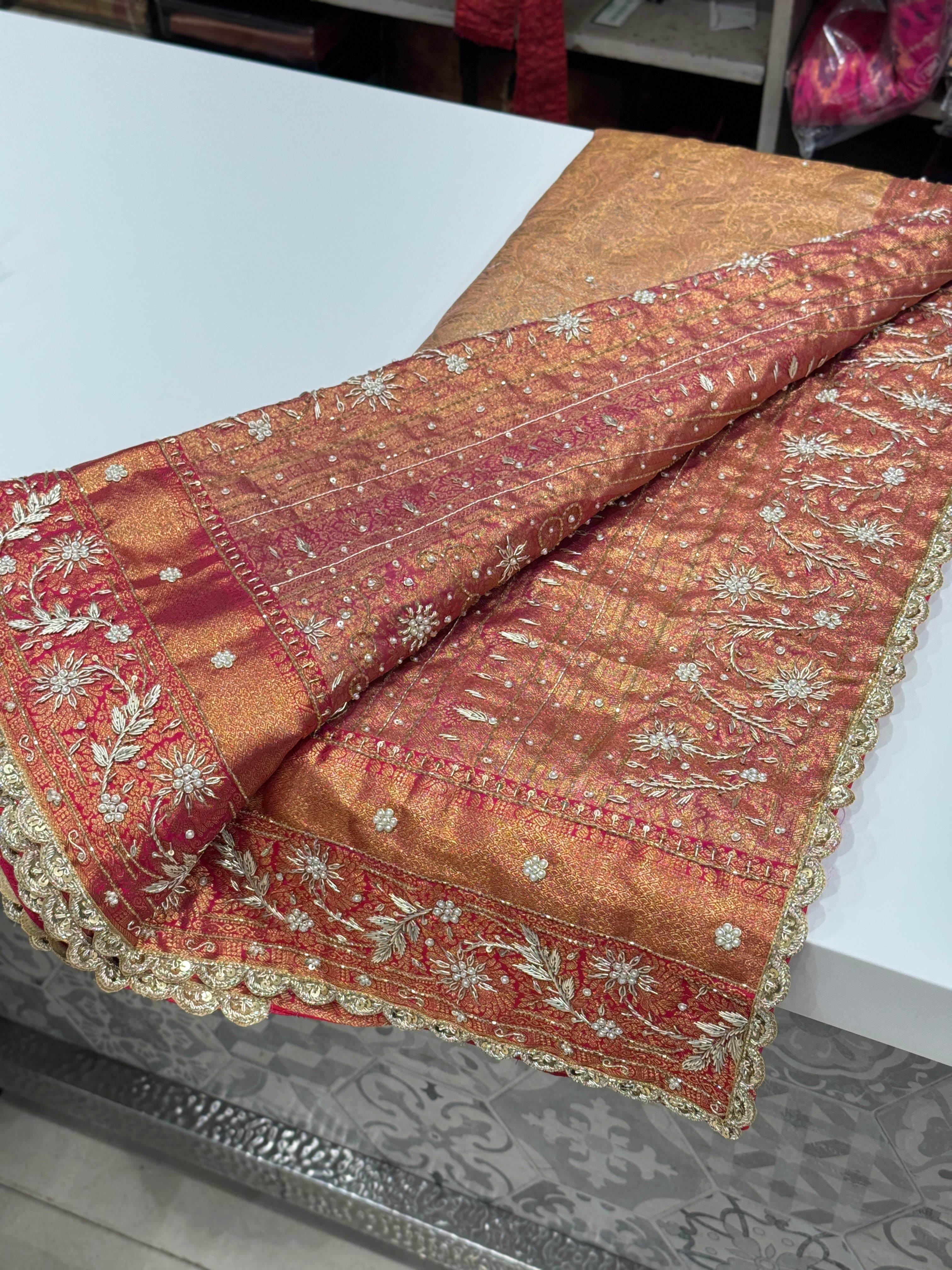 Peach Tissue Kanjivaram Hand Embroidery Saree