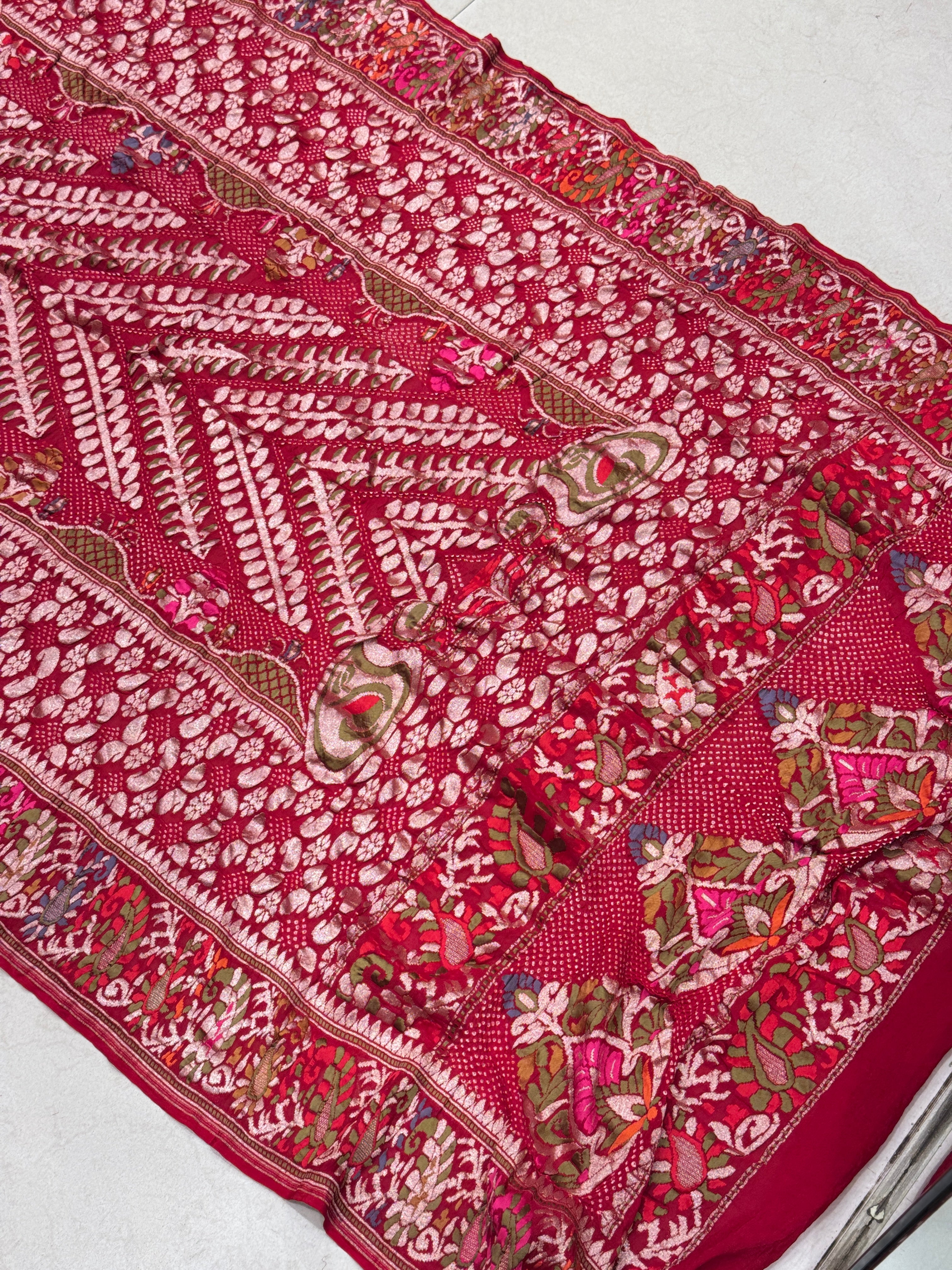 Red Pashmina Style Handloom Meenakari Rai Bandhej Pure Zari Dupatta