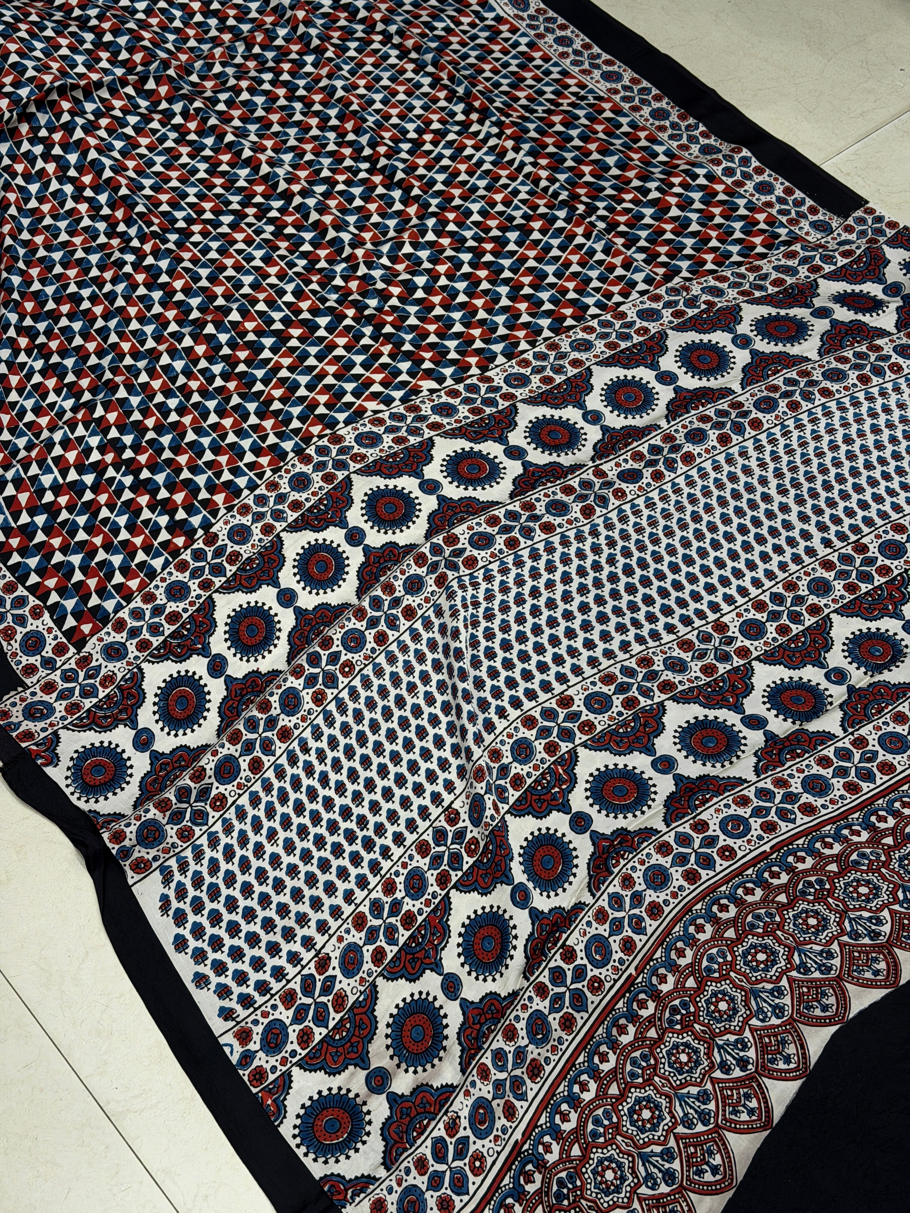 White Triangle Ajrakh Hand Block Print Pure Modal Silk Saree