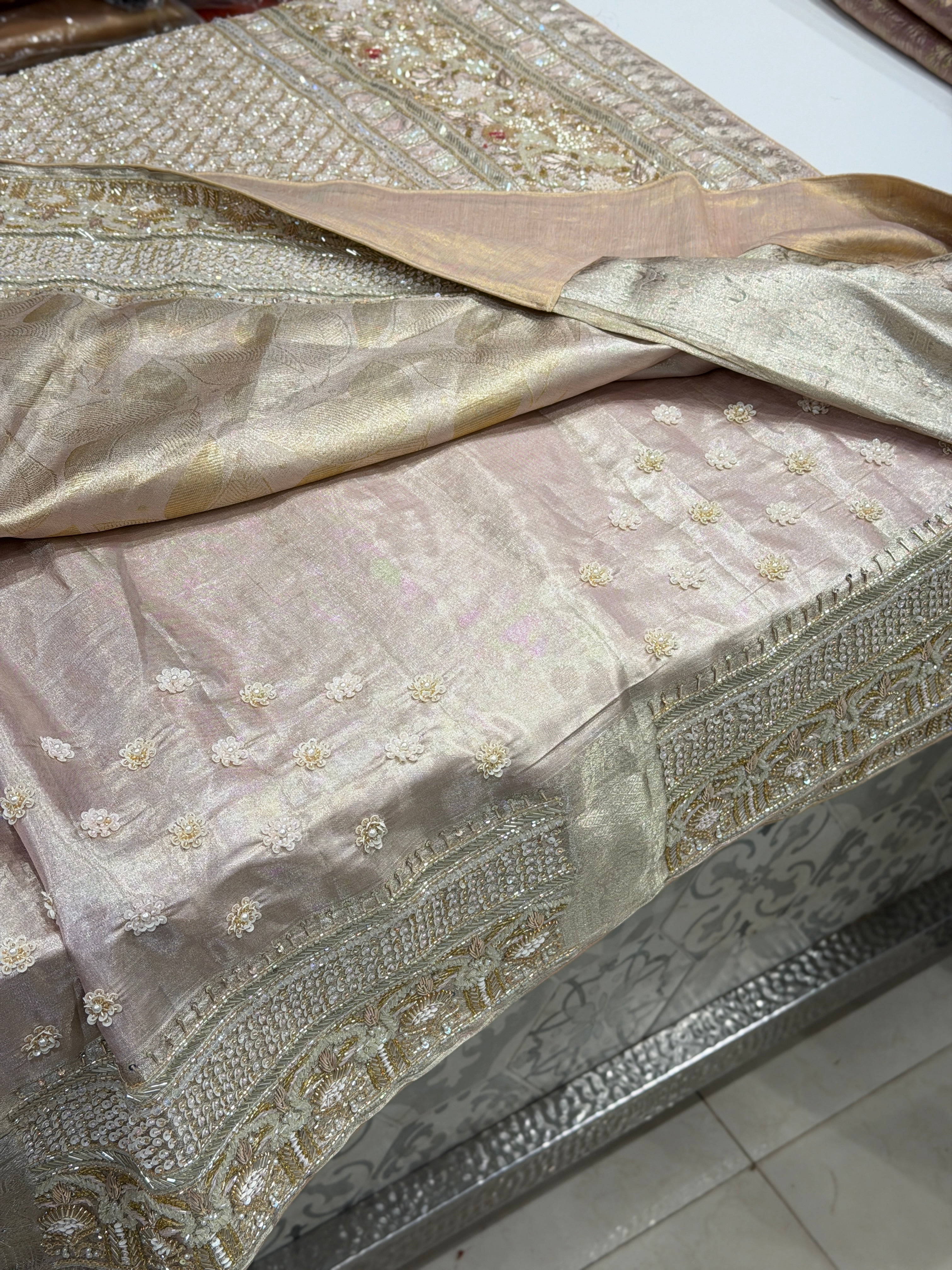 Nude Pink Silver Kanjivaram Three Zari Hand Embroidery Zardosi Moti Sequin Saree