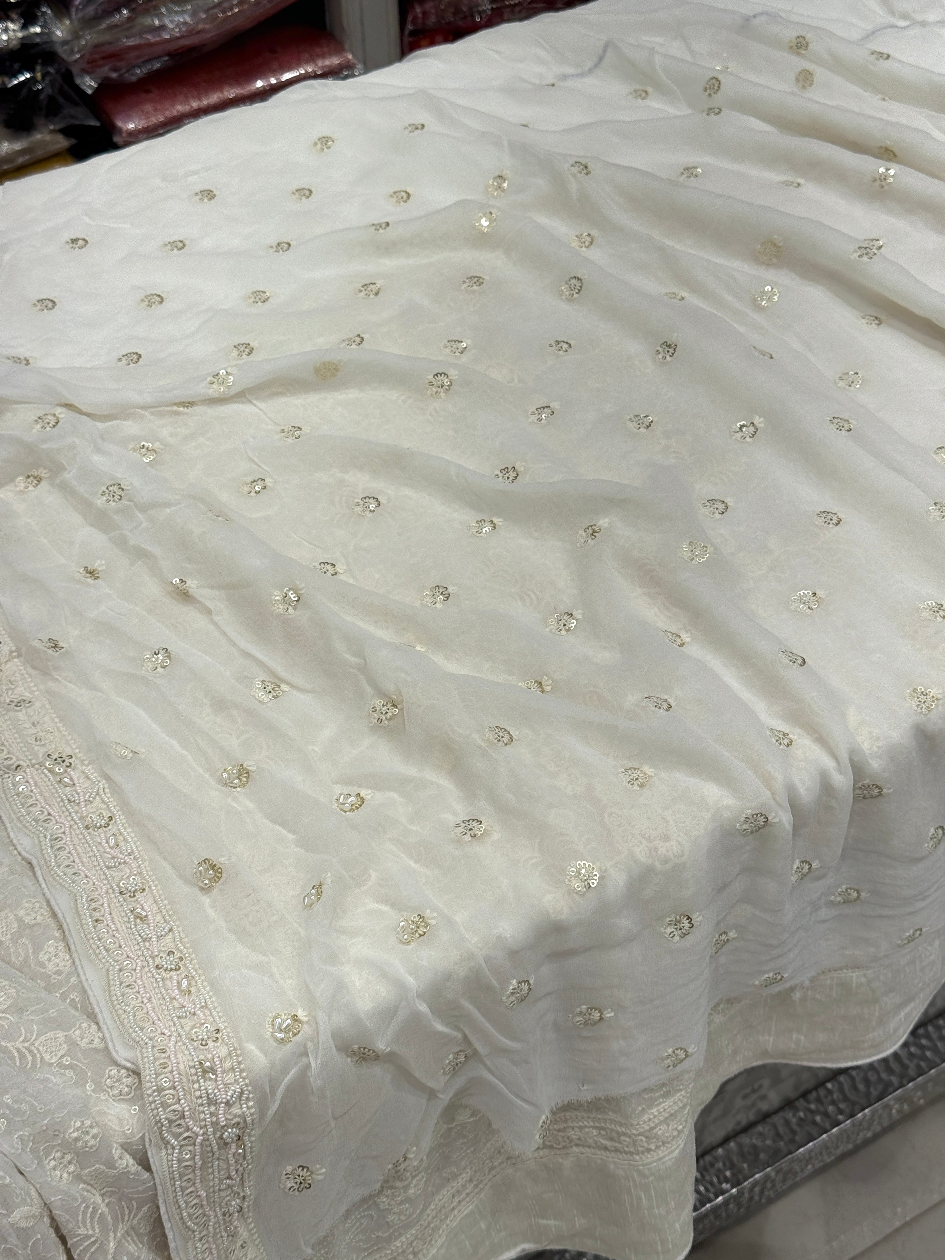 Off White Chikankari Moti Sequin Hand Embroidery Saree