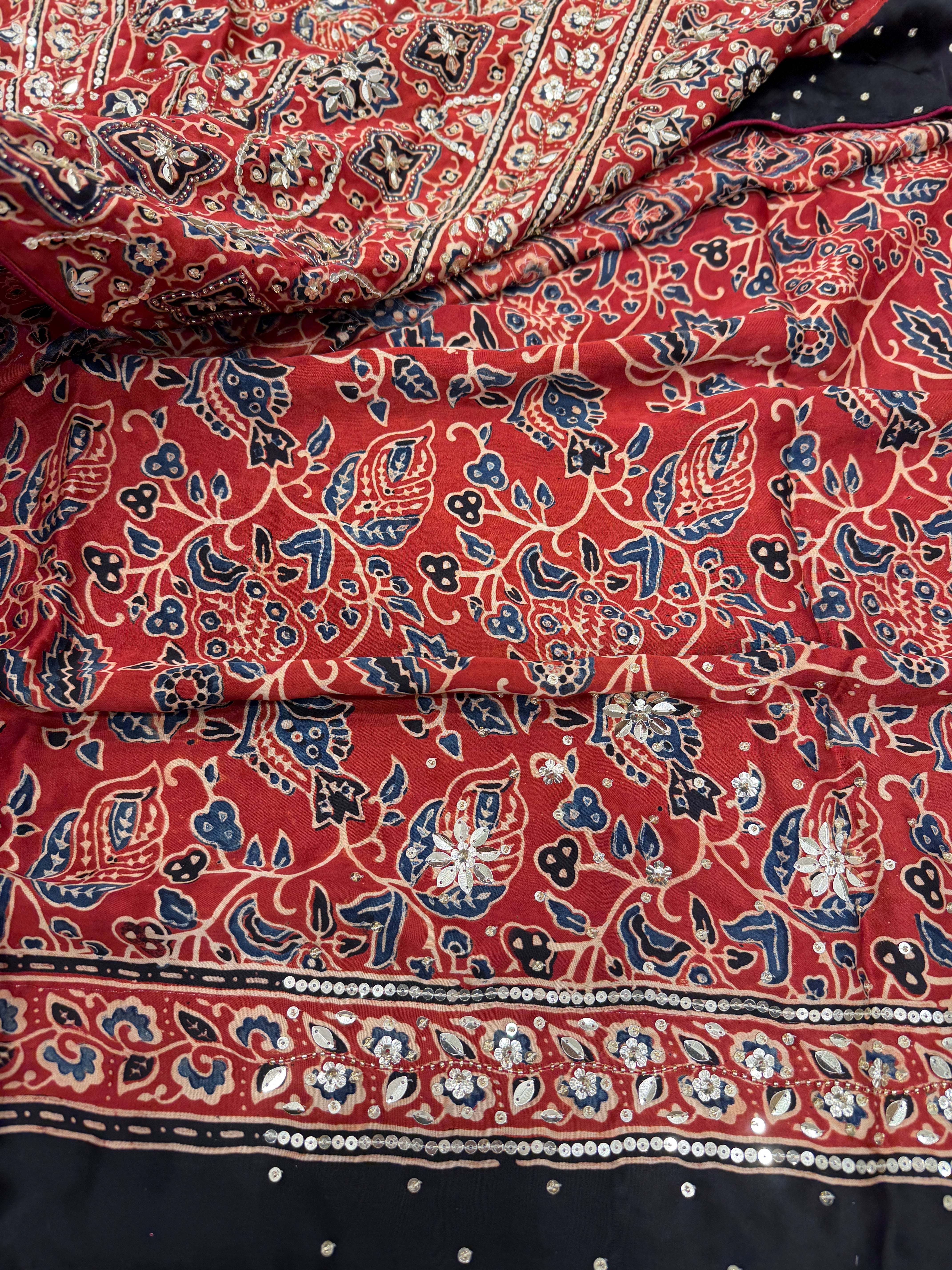 Black Red Badam Jaal Ajrakh Sequin Moti Hand Embroidery Saree