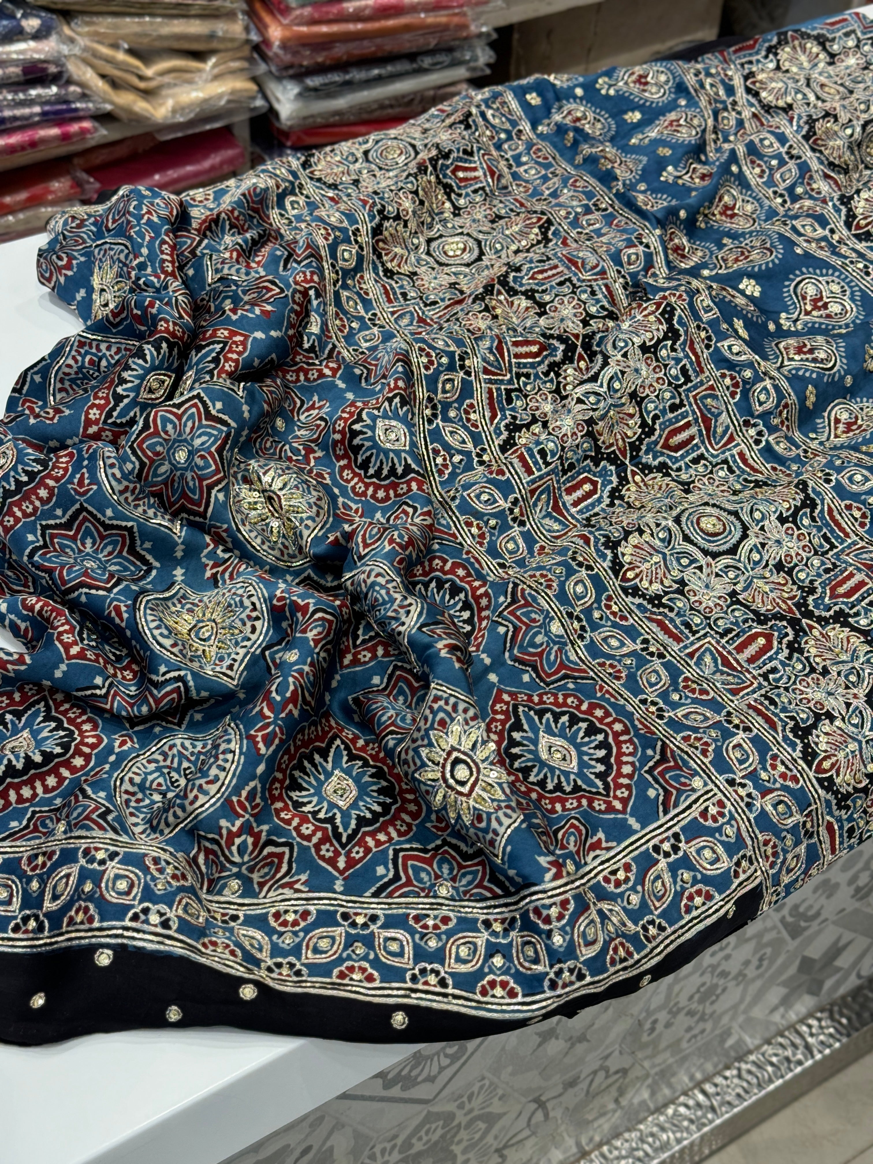 Hand Embroidery Ajrakh Saree