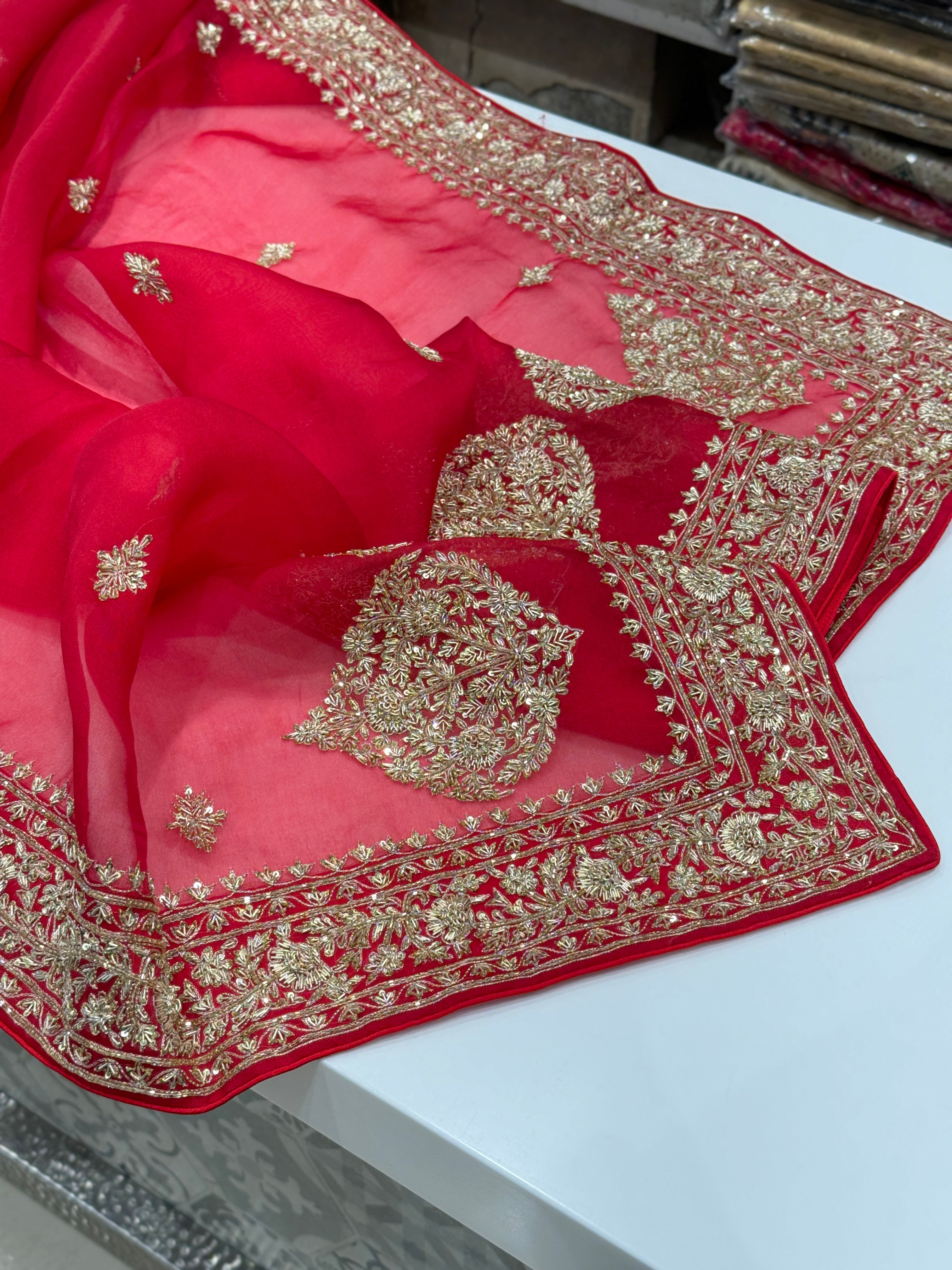 Red Pure Organza Zardosi Embroidery Saree