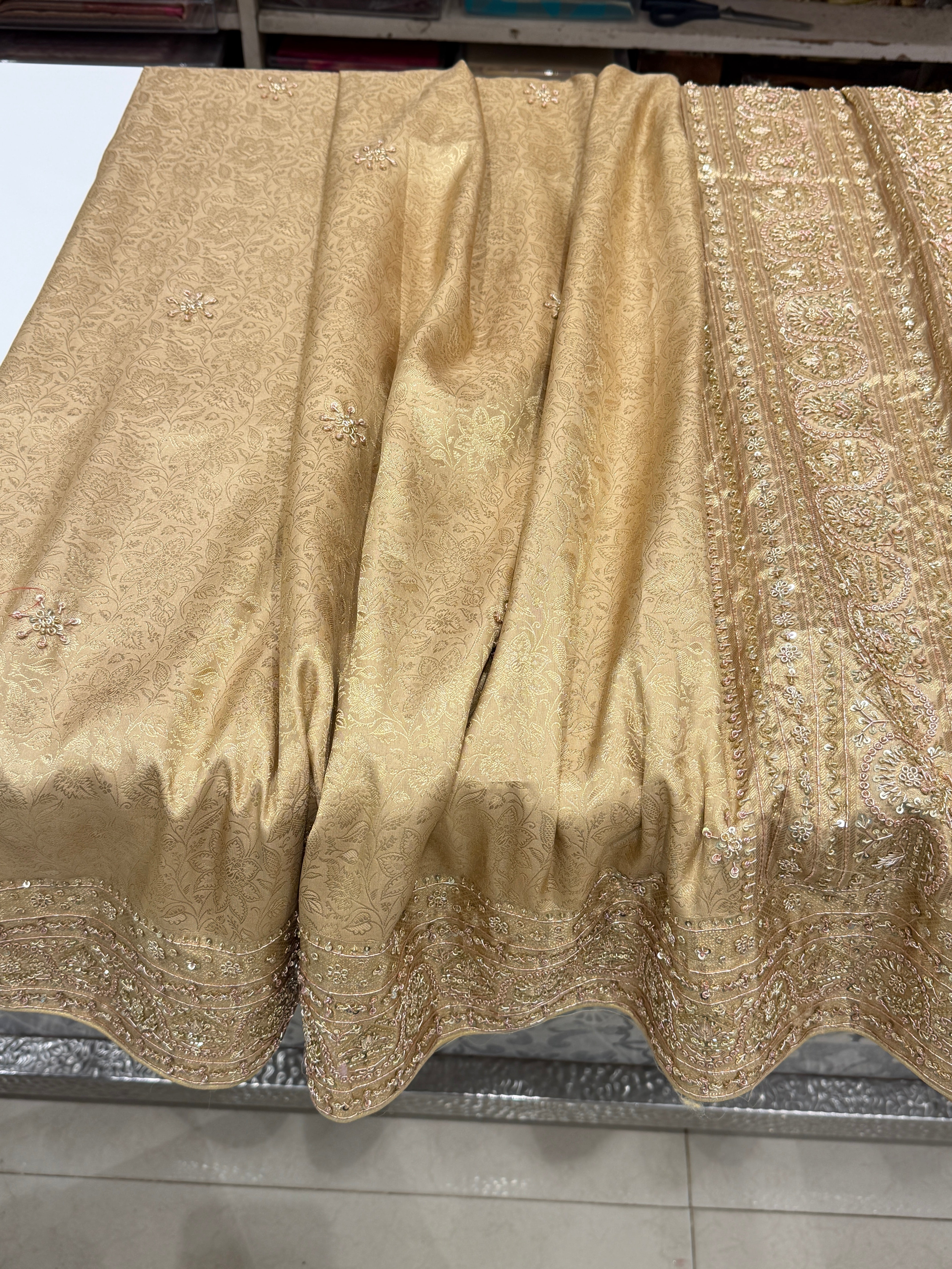 Beige Gold Kanjivaram Zardosi Hand Embroidery Saree