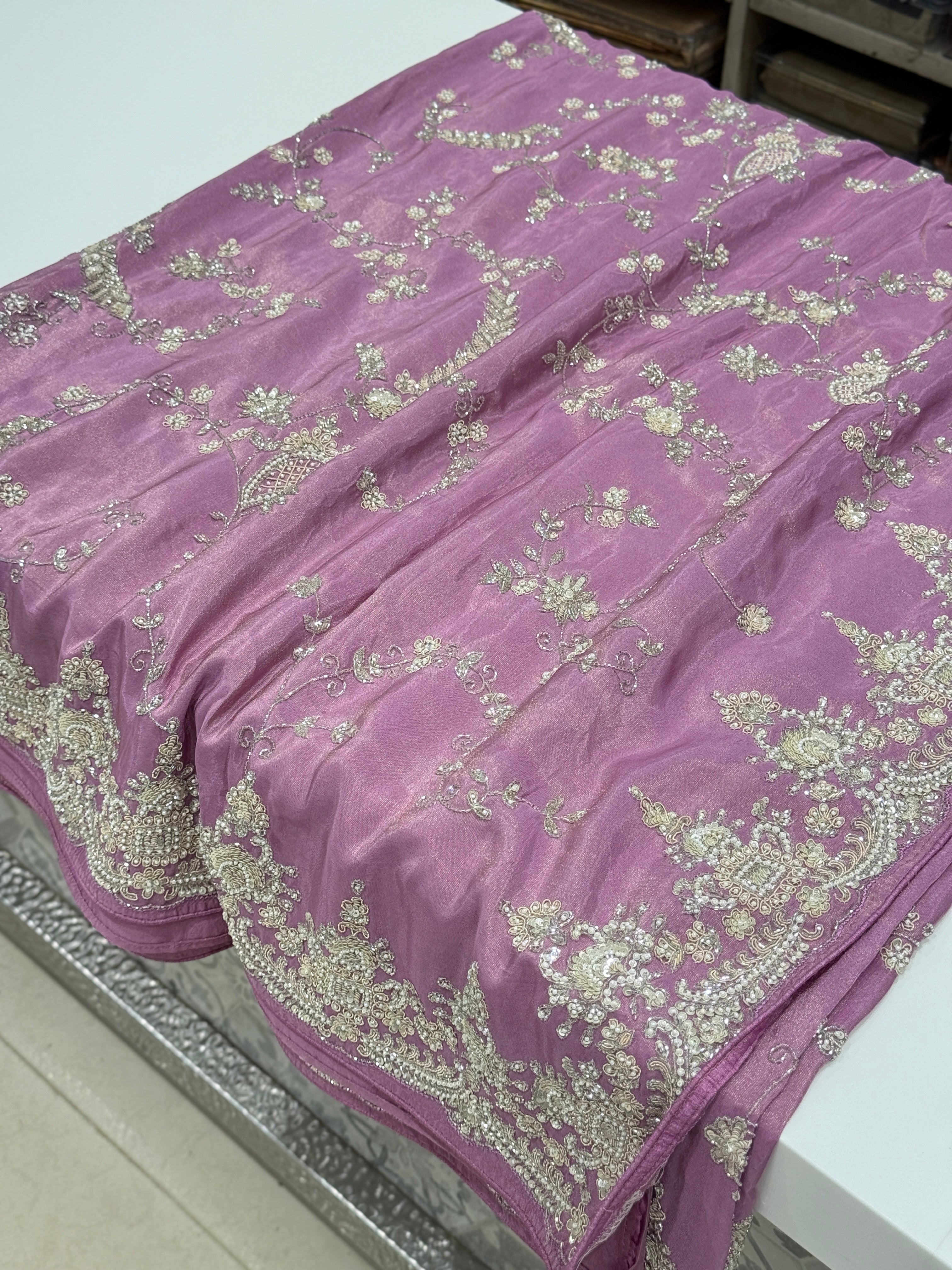 Lilac Crepe Tissue Cutana Moti Jaal Hand Embroidery Saree