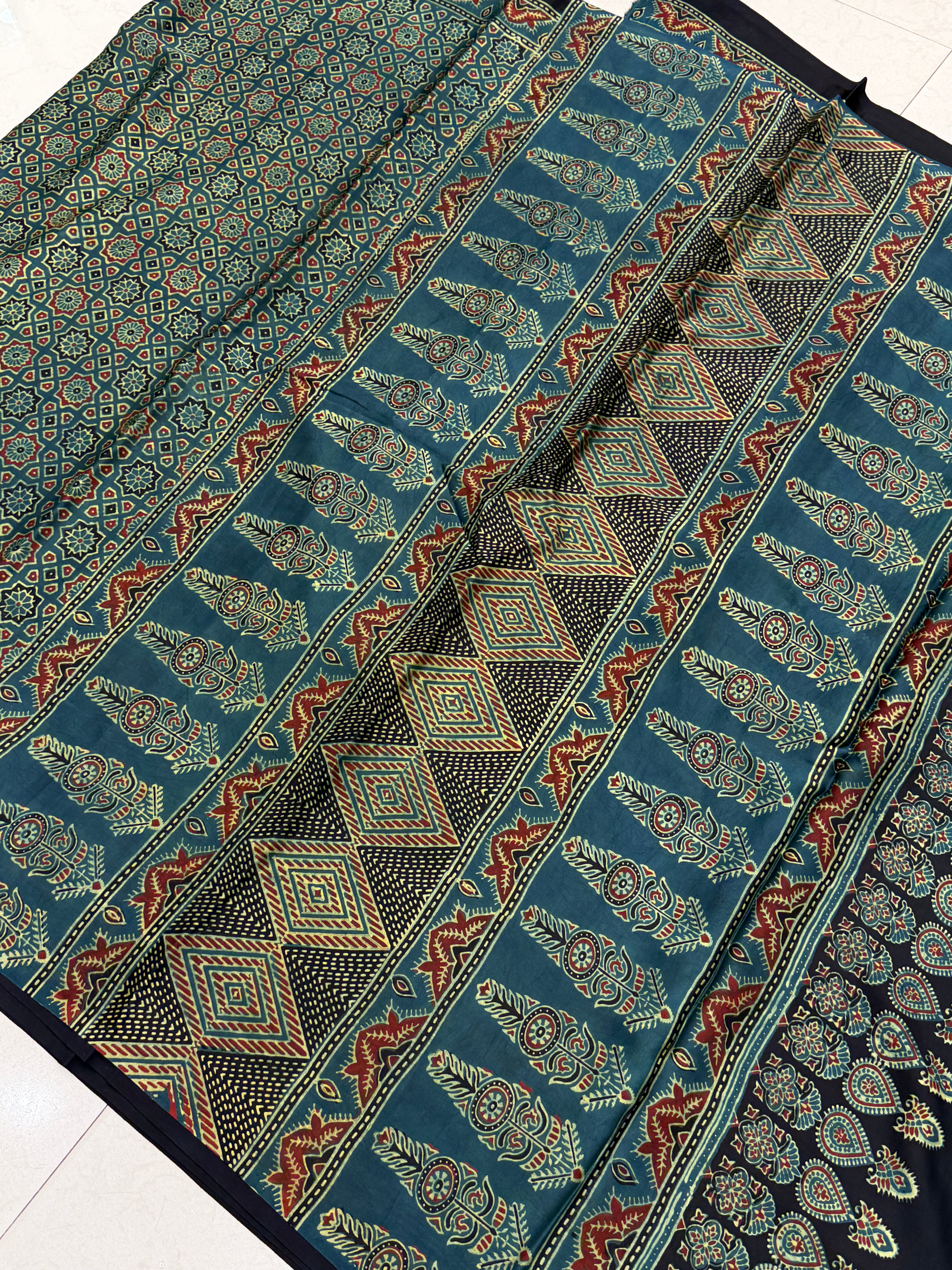 Green Star Buttis Ajrakh Hand Block Print Pure Modal Silk Saree