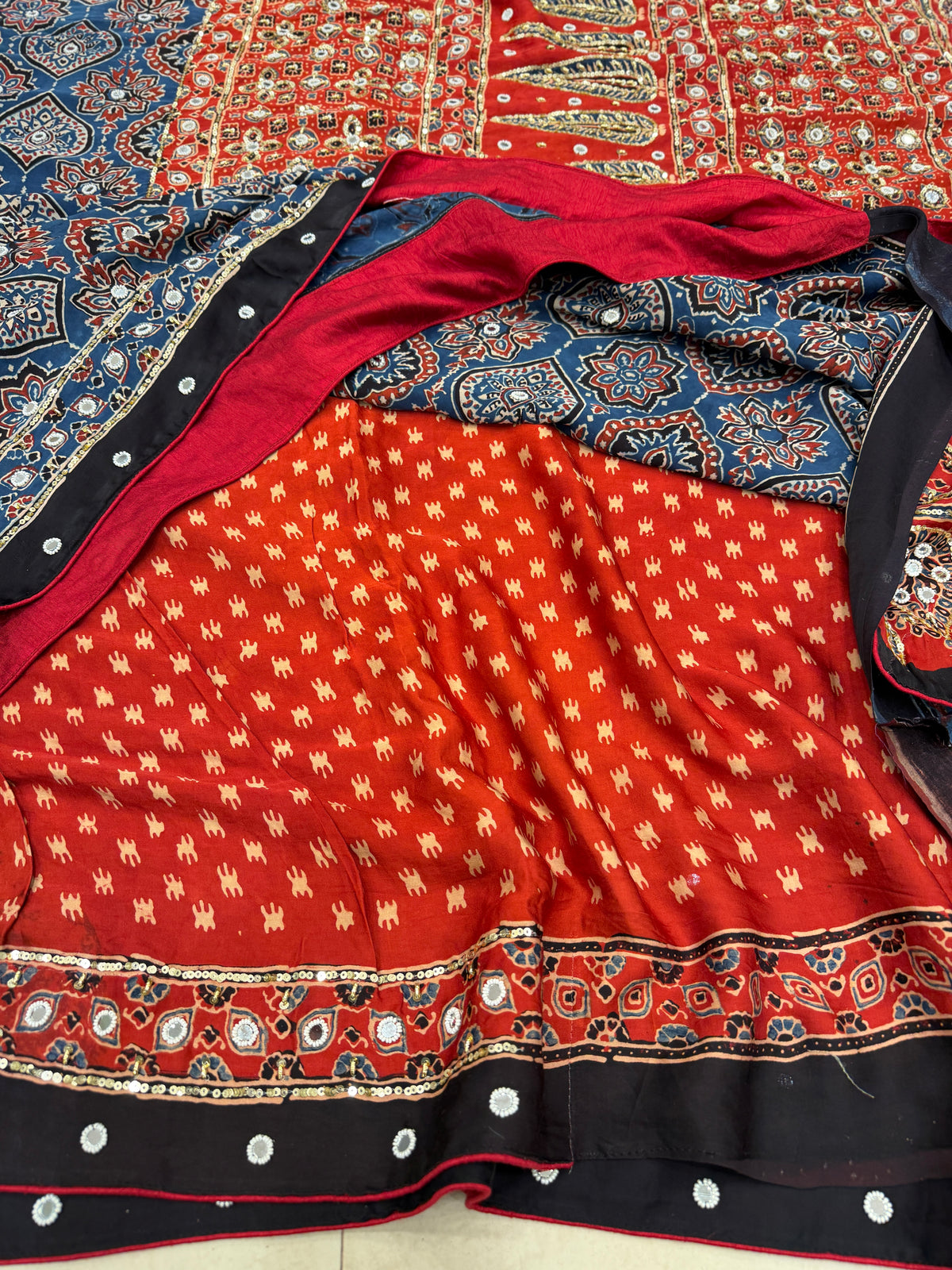 Blue Red Badam Jaal Ajrakh Real Mirror Moti Sequin Hand Embroidery Saree