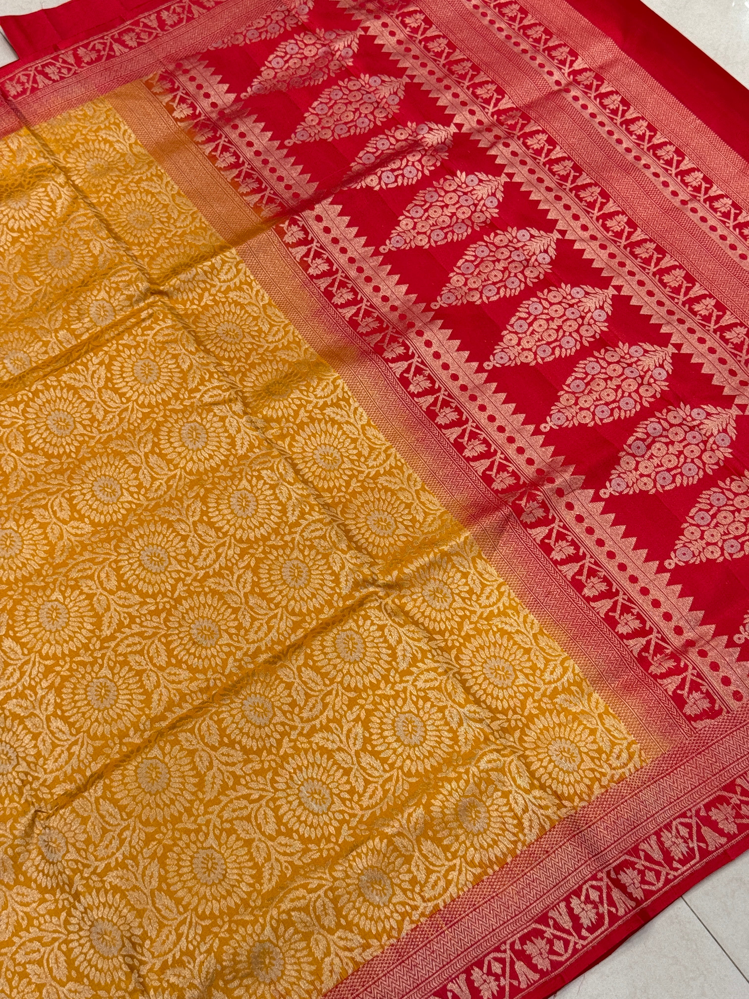Yellow Red Brocade Handloom Kanchipuram Pure Silk Saree