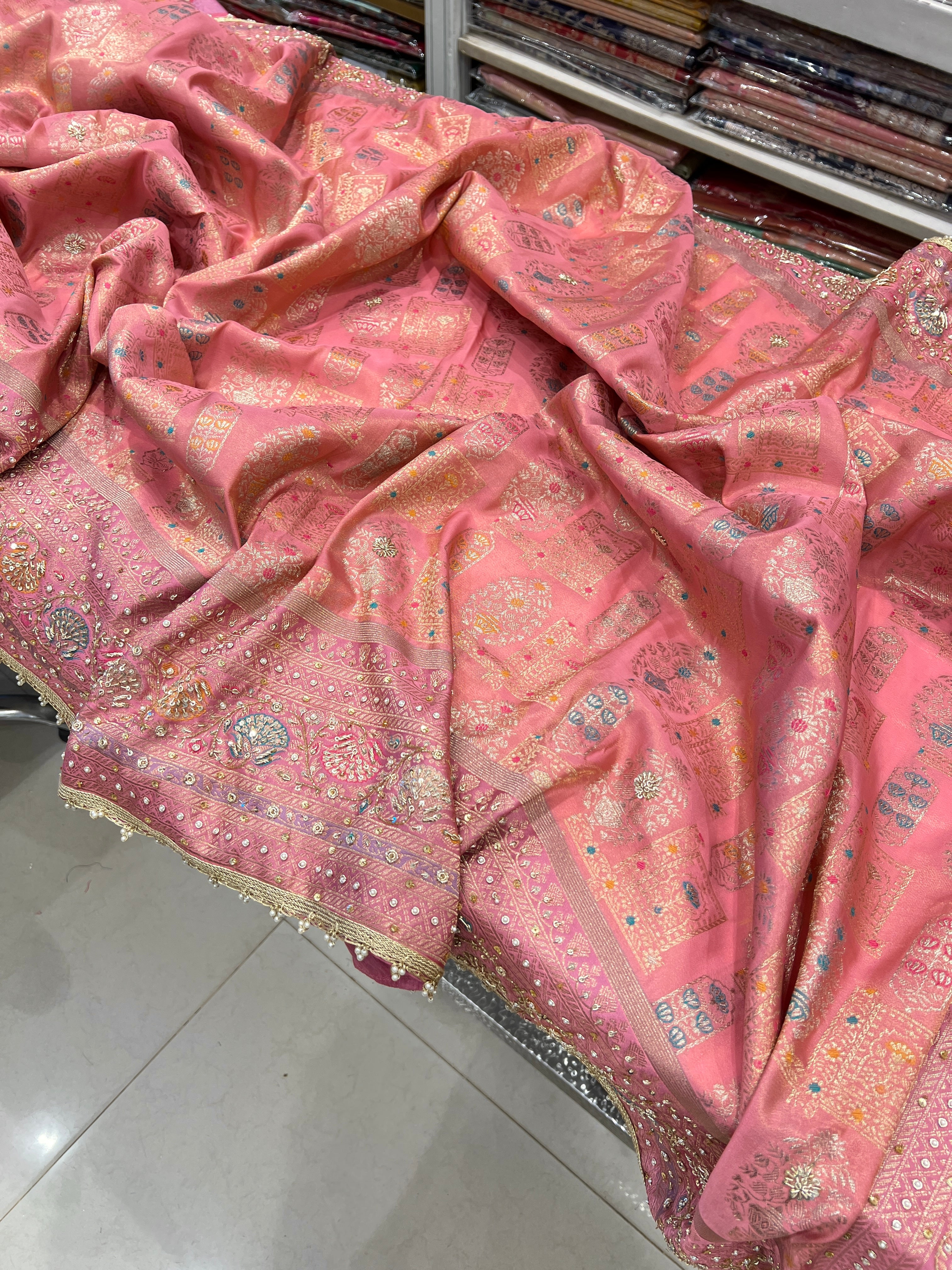 Pink Banarasi Tissue Zardosi Embroidery Saree