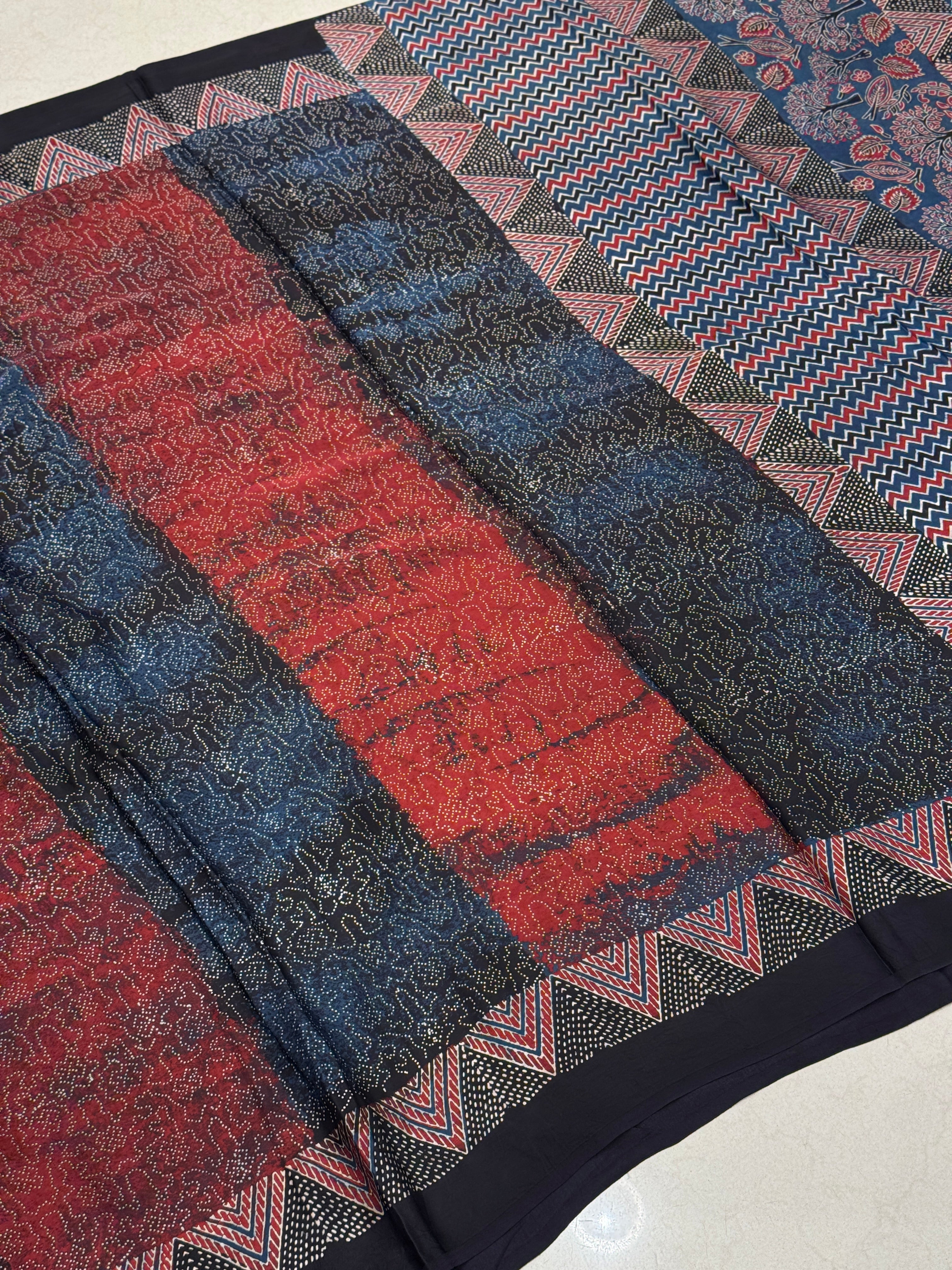 Red Contemporary Bandhej Style Hand Block Print Ajrkah Pure Gajji Silk Saree