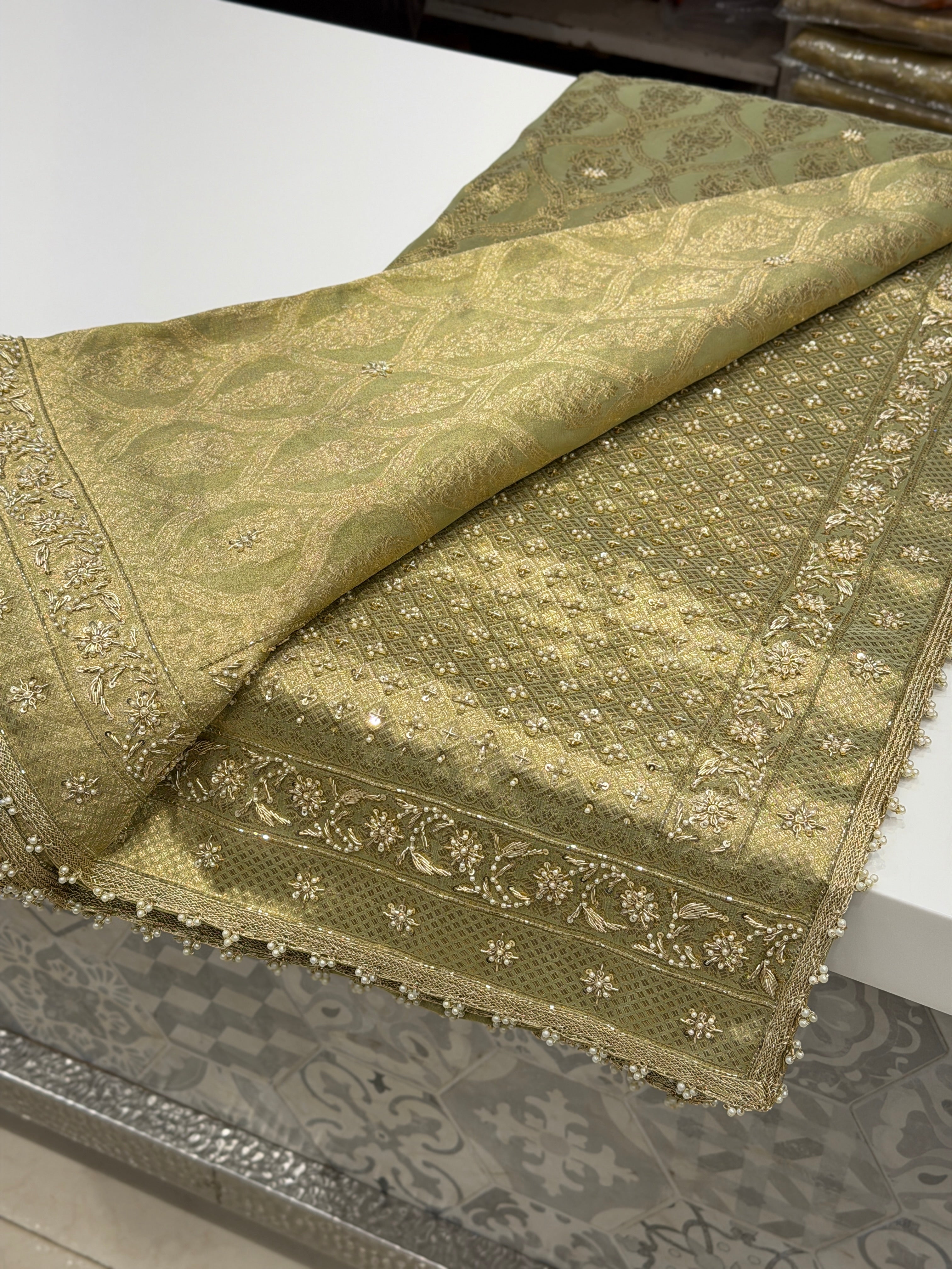 Pista Green Tissue Crown Jaal Hand Embroidery Zardosi gota Saree