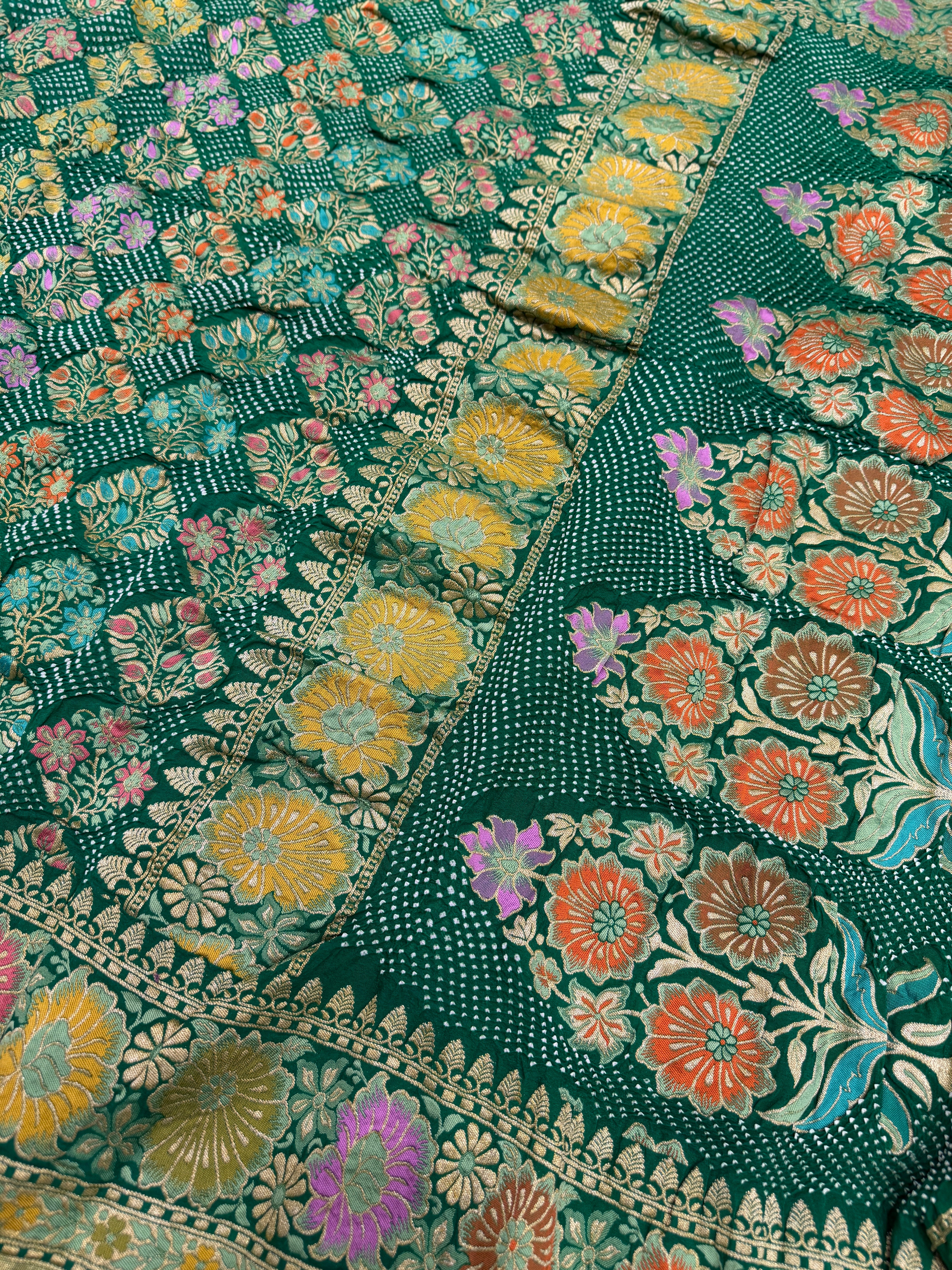 Bottle Green Meenakari Rai Bandhej Floral Butta Saree