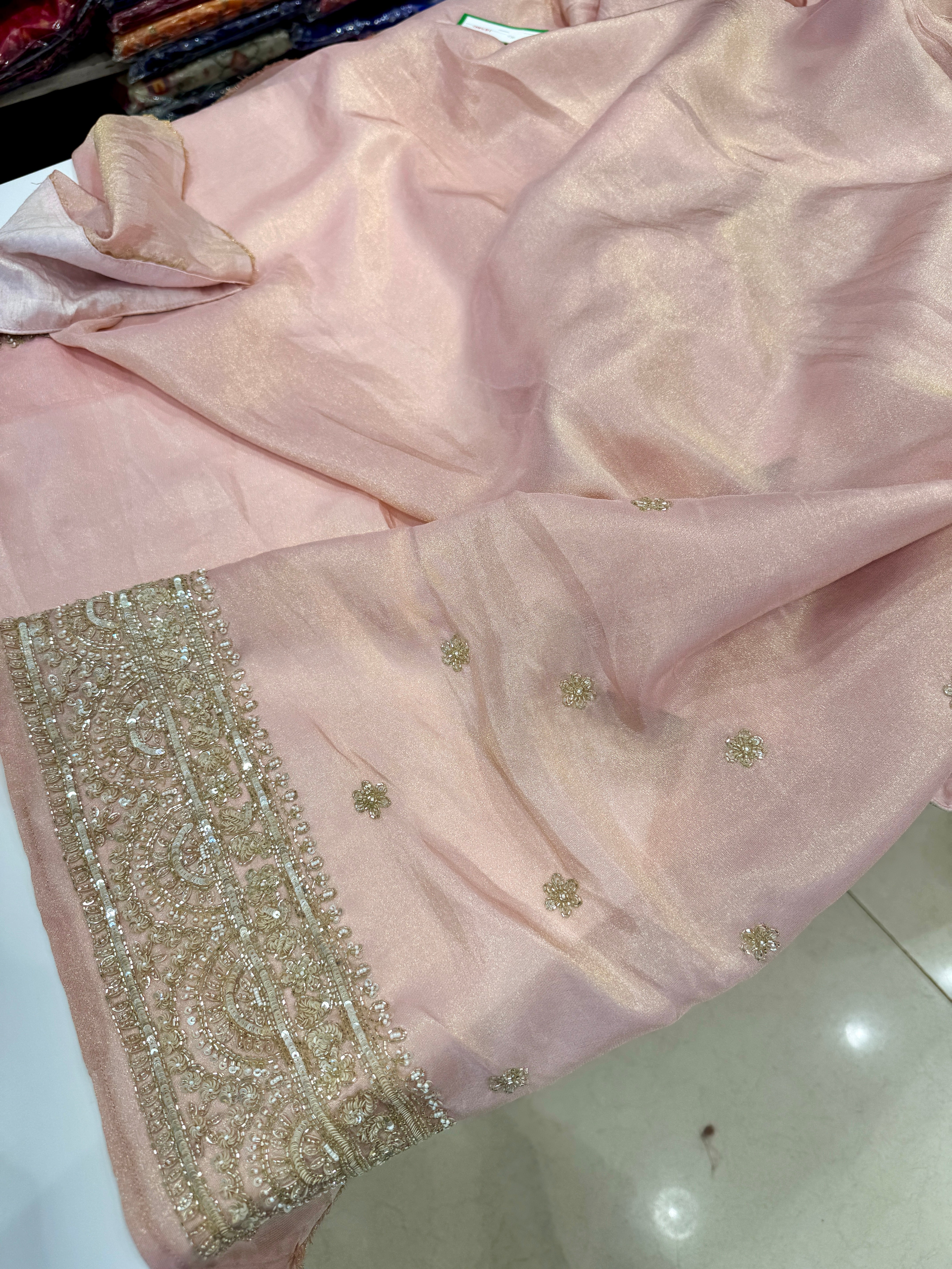 Pink Kareena Kapoor Inspired Crepe Tissue Embroidery Saree