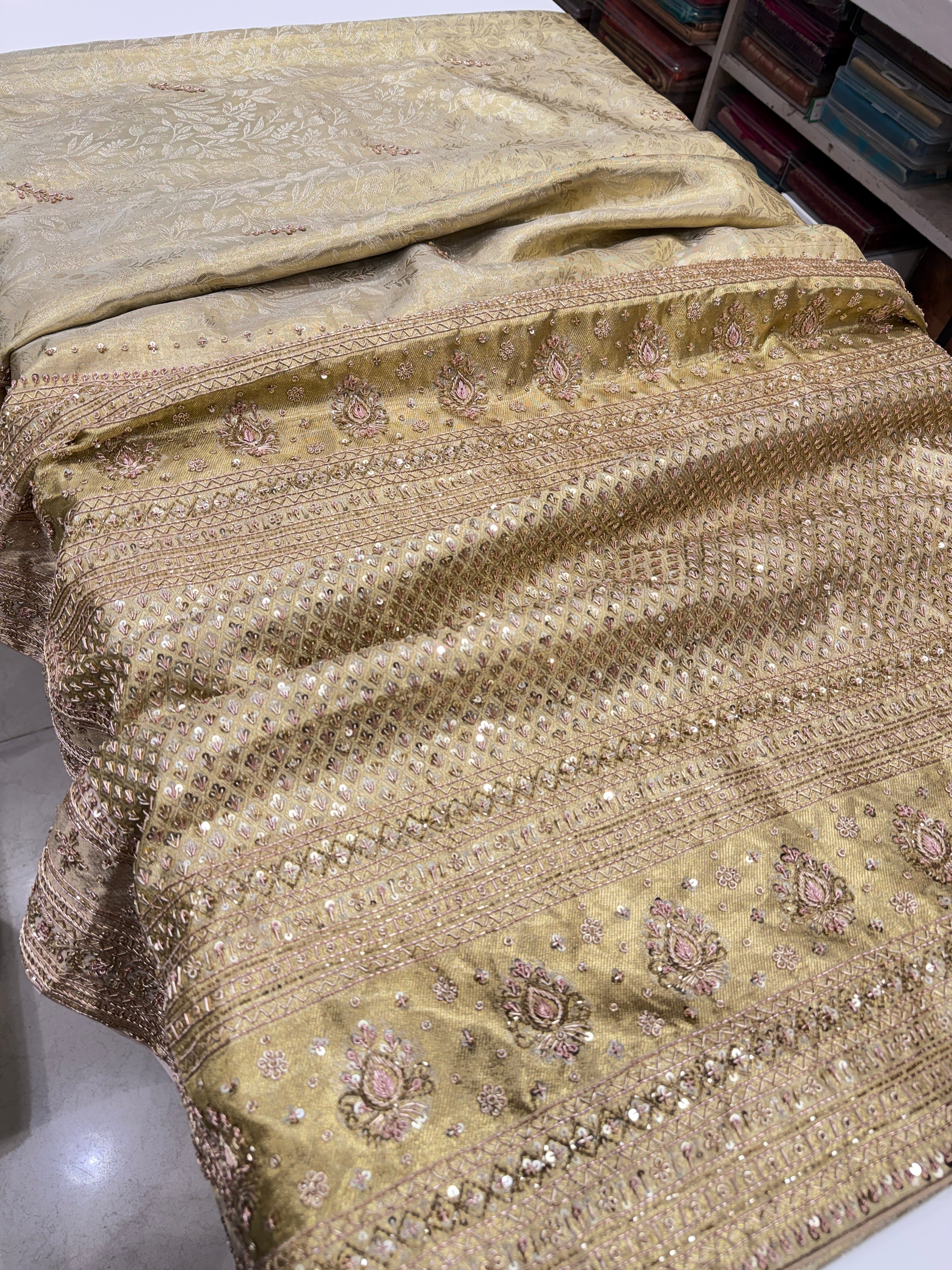 Beige Gold Tissue Kanjivaram Zardosi Hand Embroidery Saree