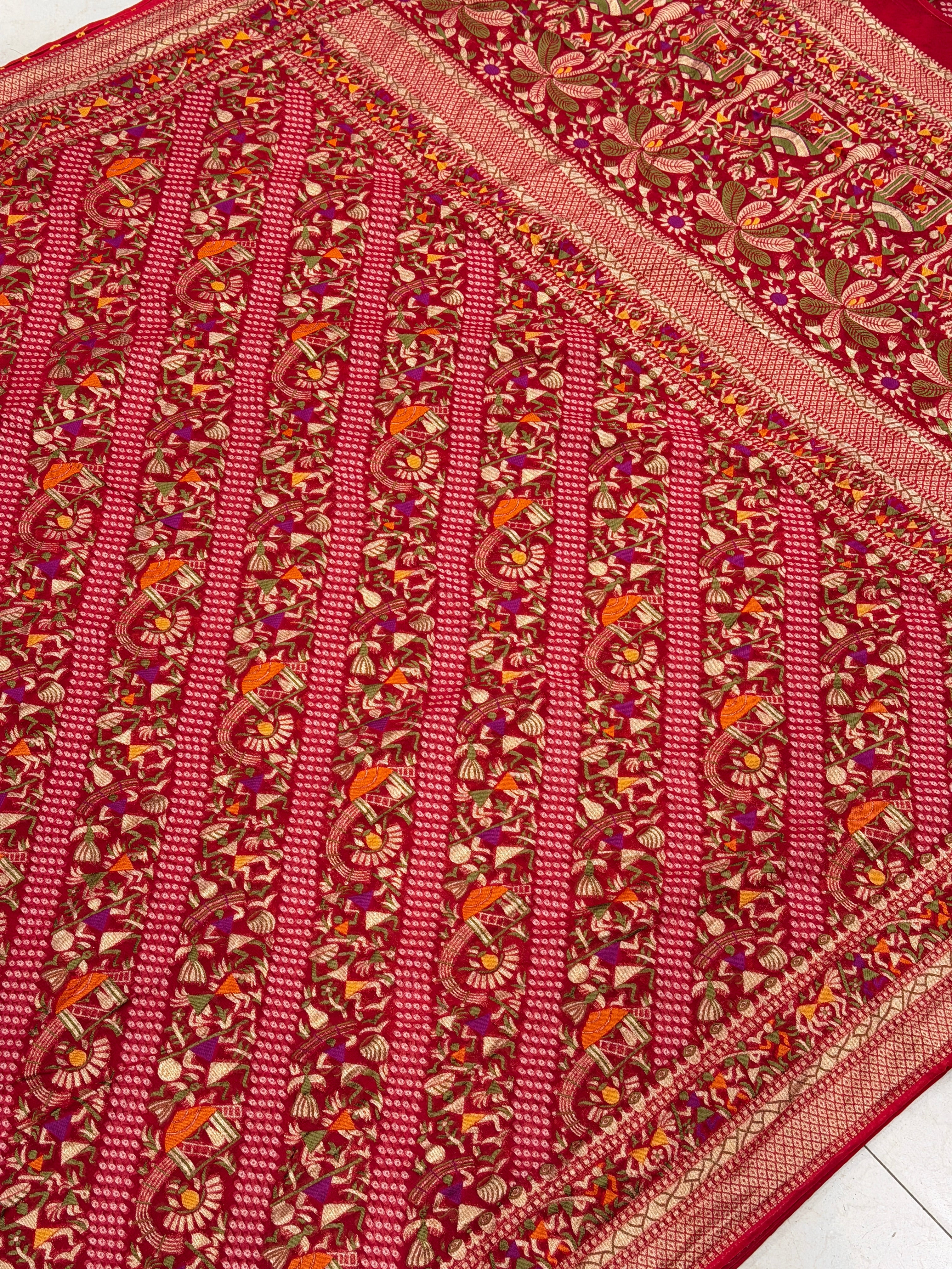 Red Warli Style Woven Bandhej Georgette Saree