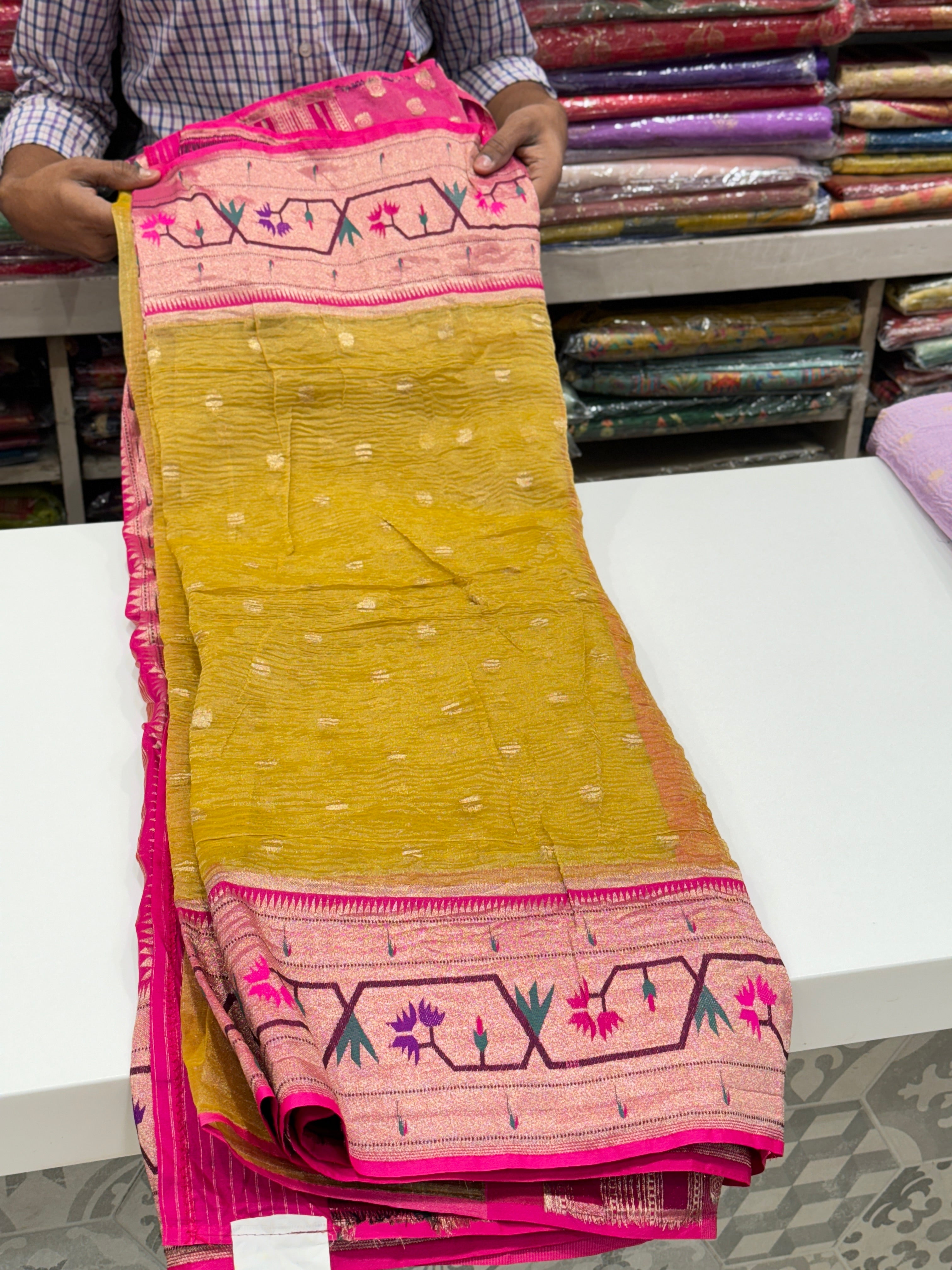 Yellow Crushed Tissue Paithani Saree