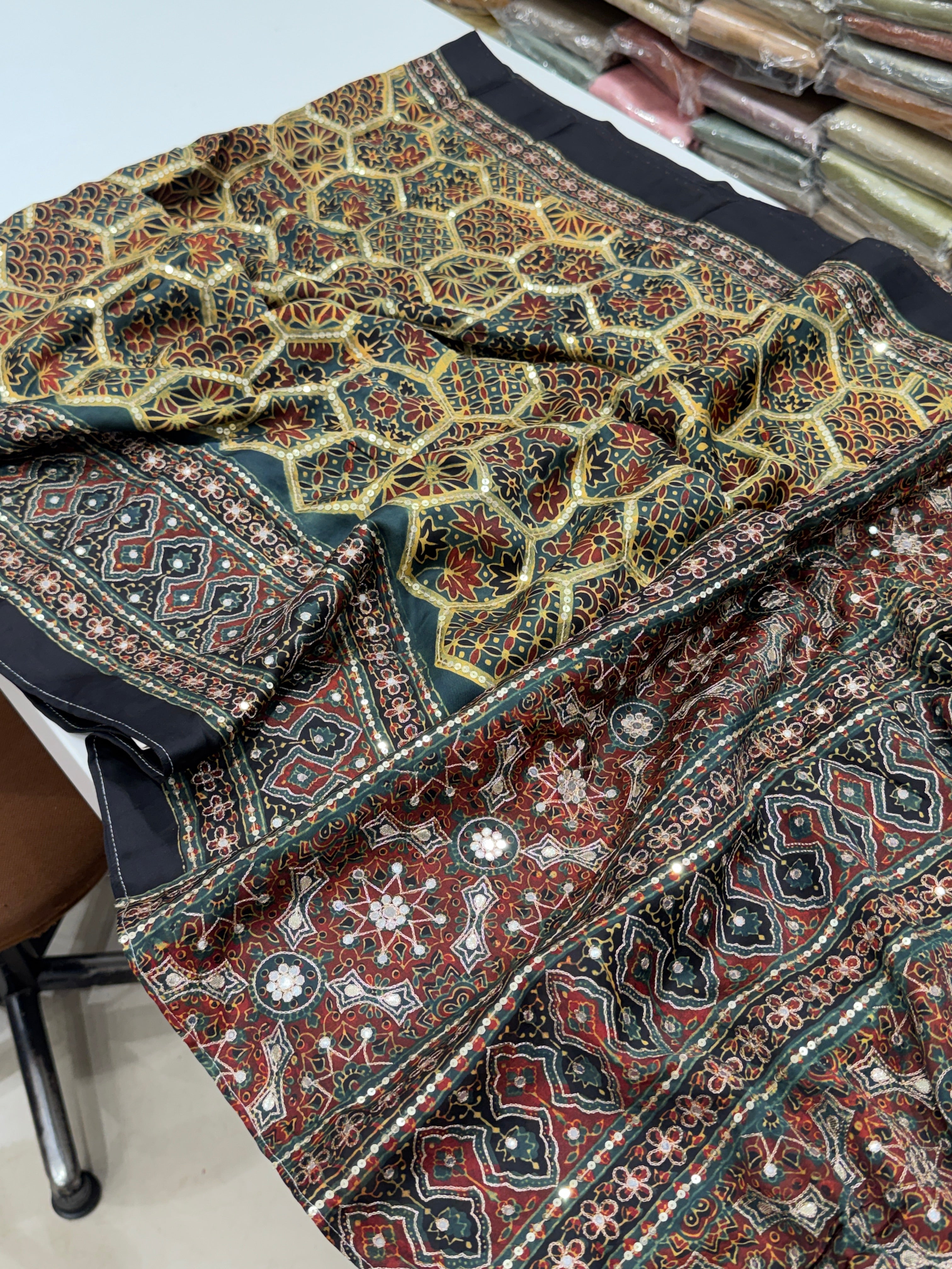 Mustard Rama Jaal Abstract Pita Sequin Ajrakh Hand Embroidery Saree