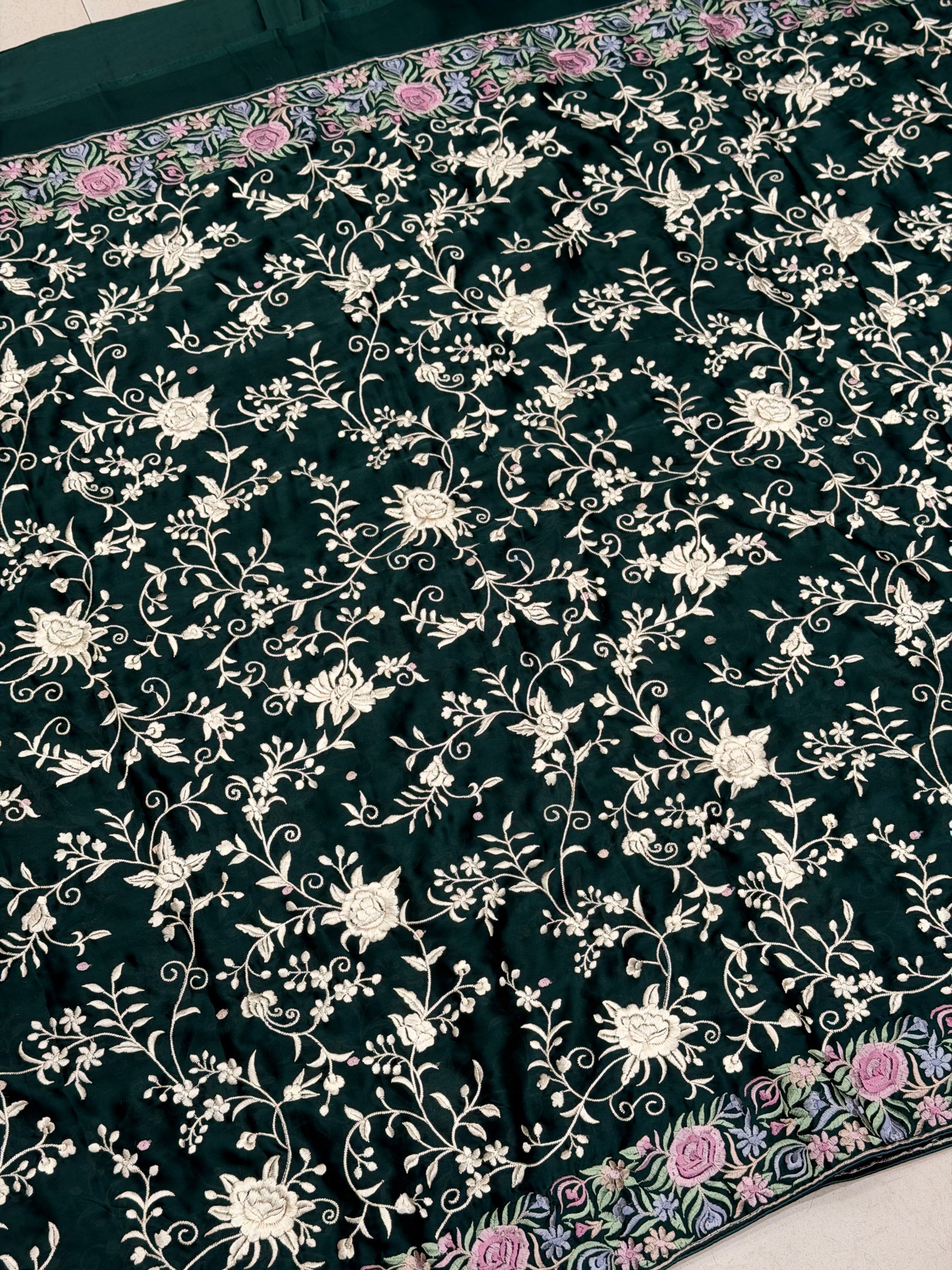Bottle Green Crepe Floral Multi Resham Border Parsi Gara Saree