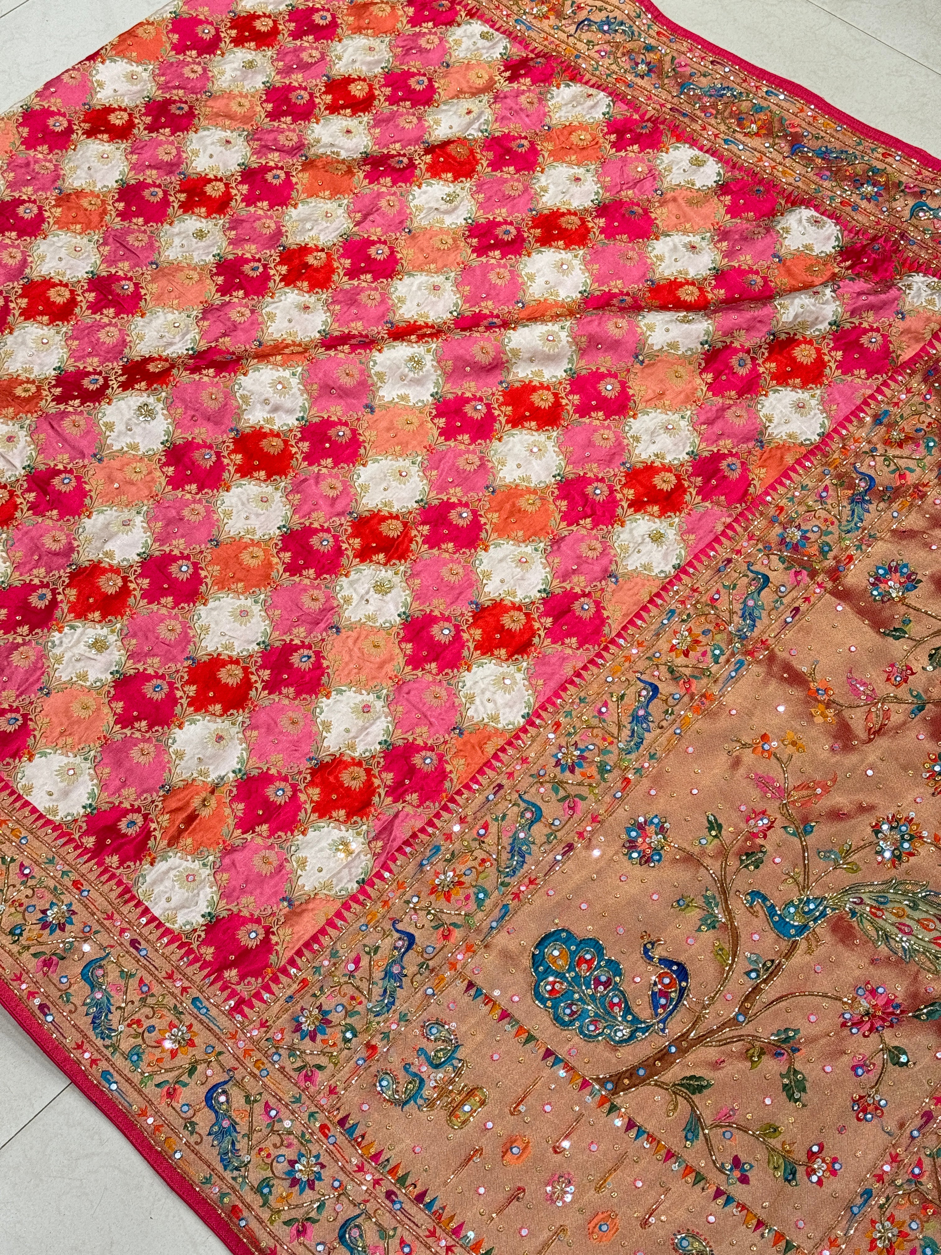 Orange White Banarasi Modal Rangkat Hand Embroidery Saree