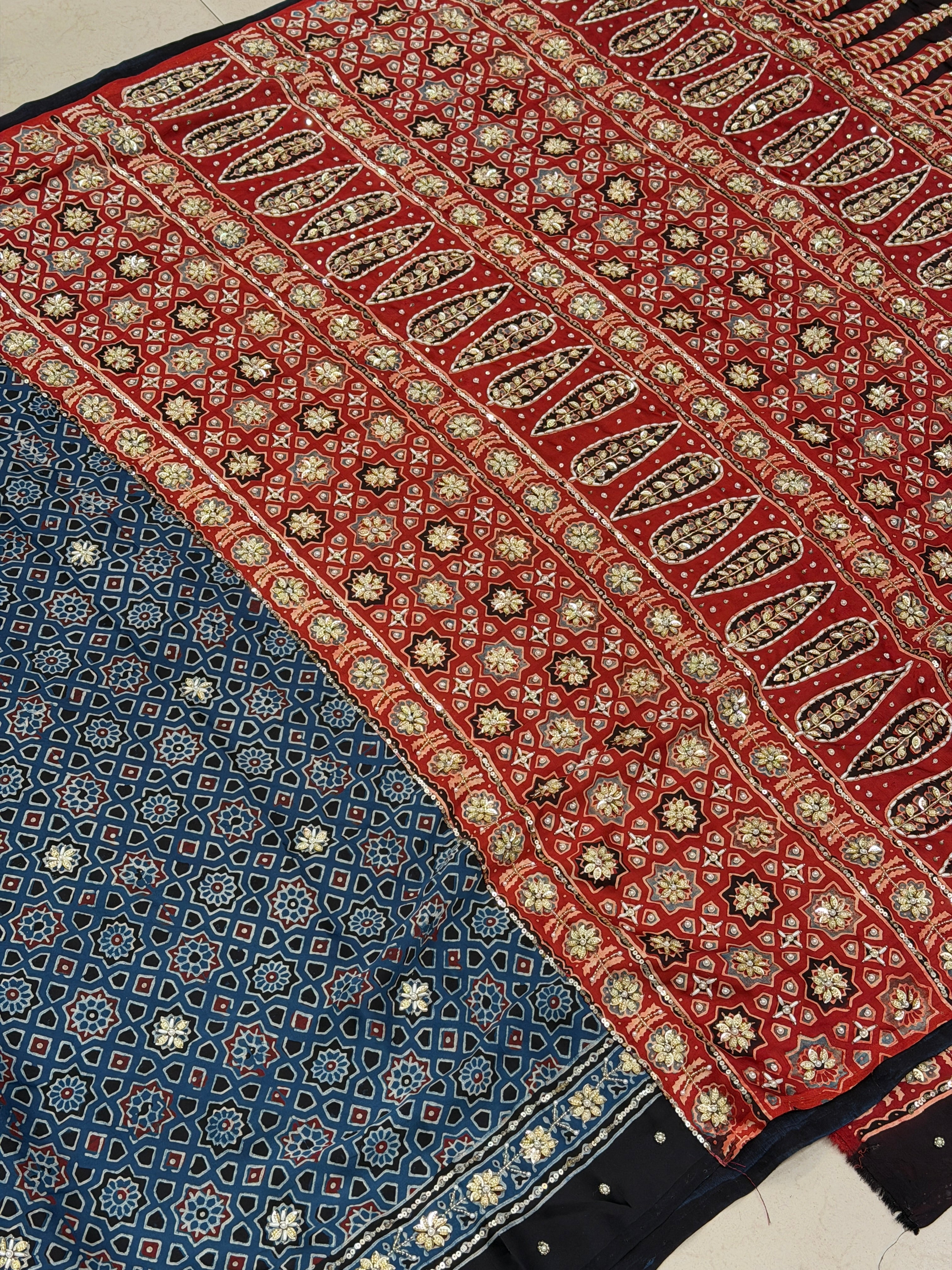 Red Jaal Sequin Ajrakh Hand Embroidery Saree