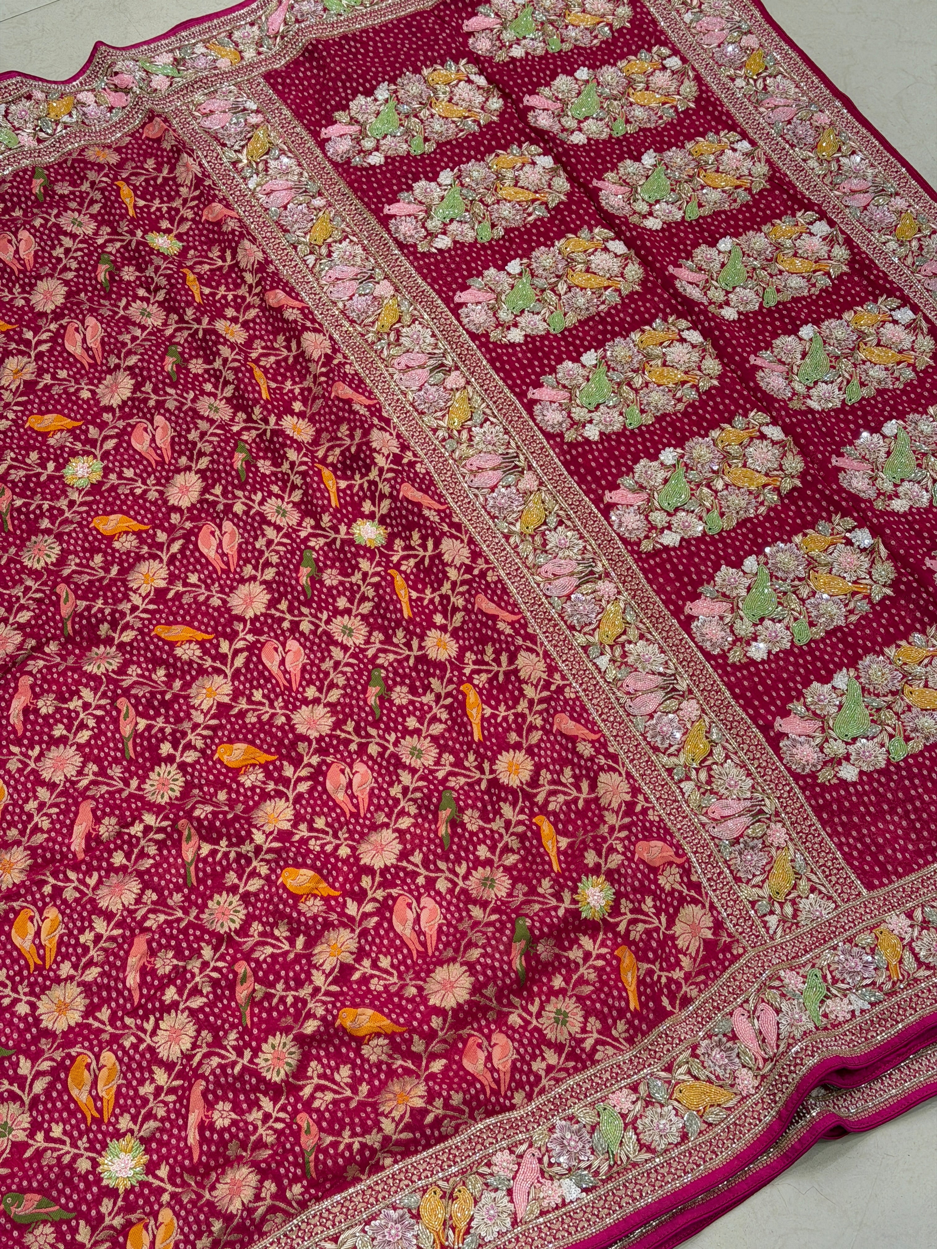 Rani Pink Weaved Bandhej Parrot Motifs Georgette Moti Zardodi Hand Embroidery Saree
