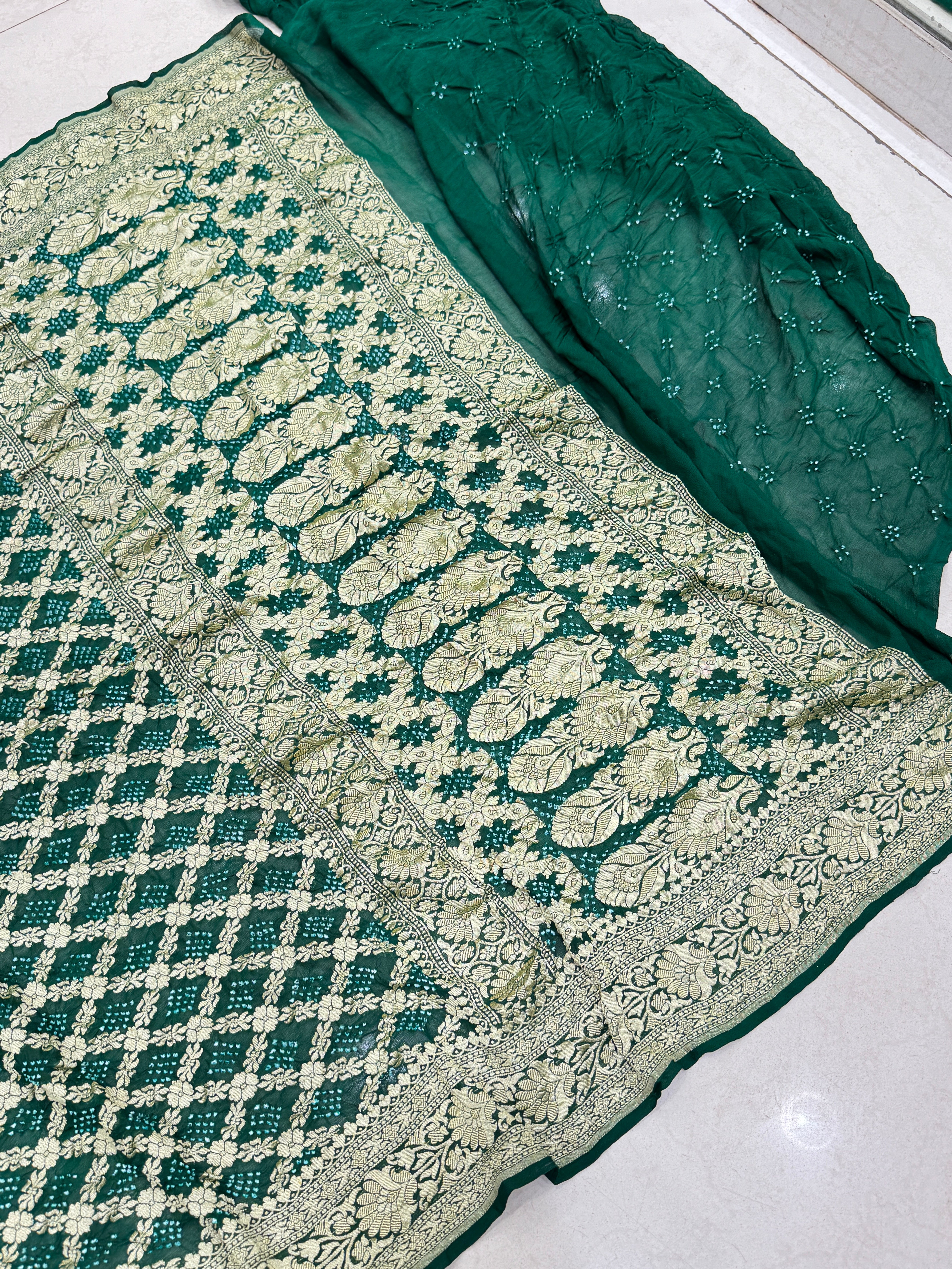 Bottle Green Bandhej Bandhini Saree