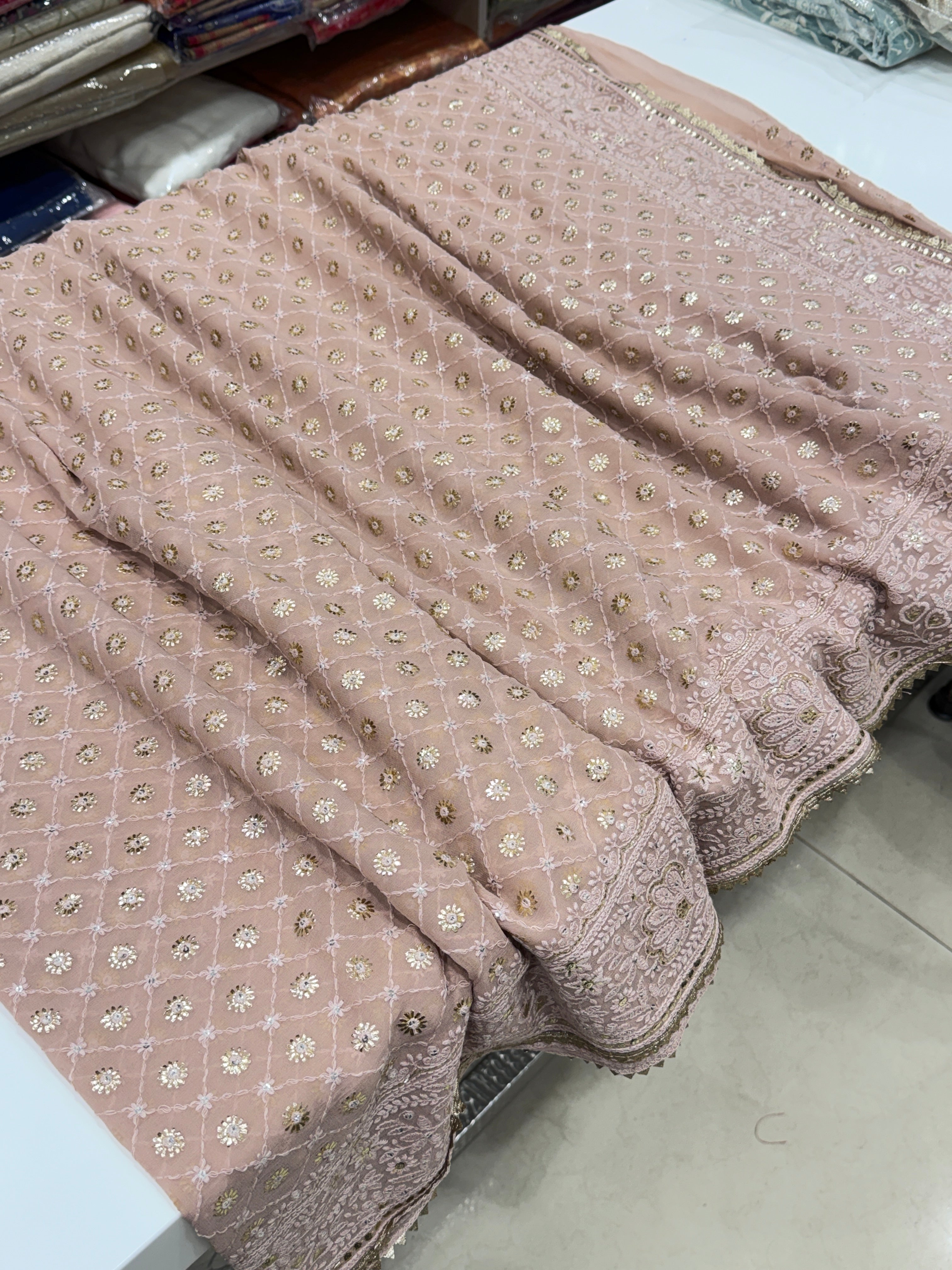 Nude Pink Georgette Chikankari Resham Saree
