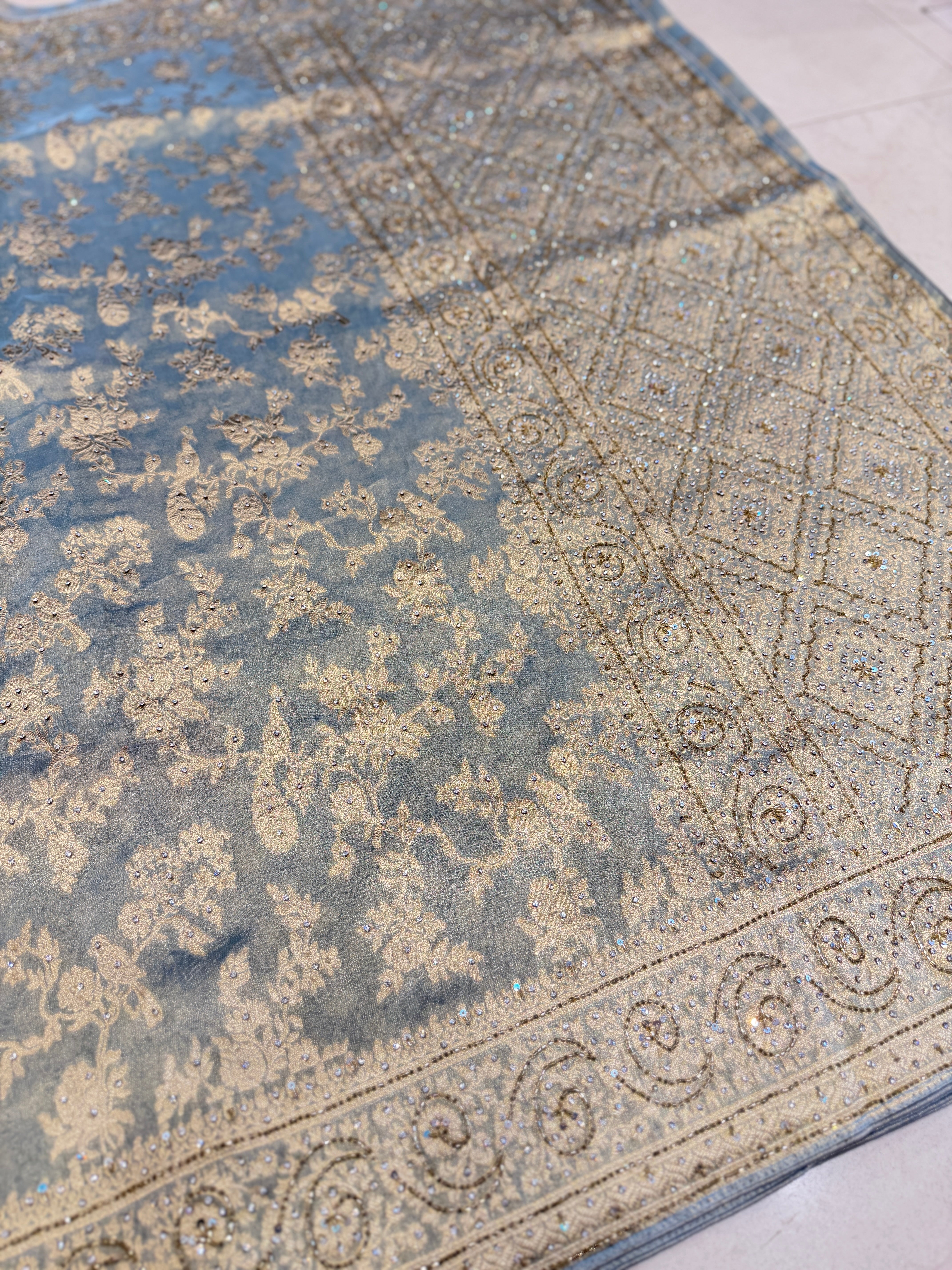 Space Blue Tissue Jaal Stone Hand Embroidery Saree