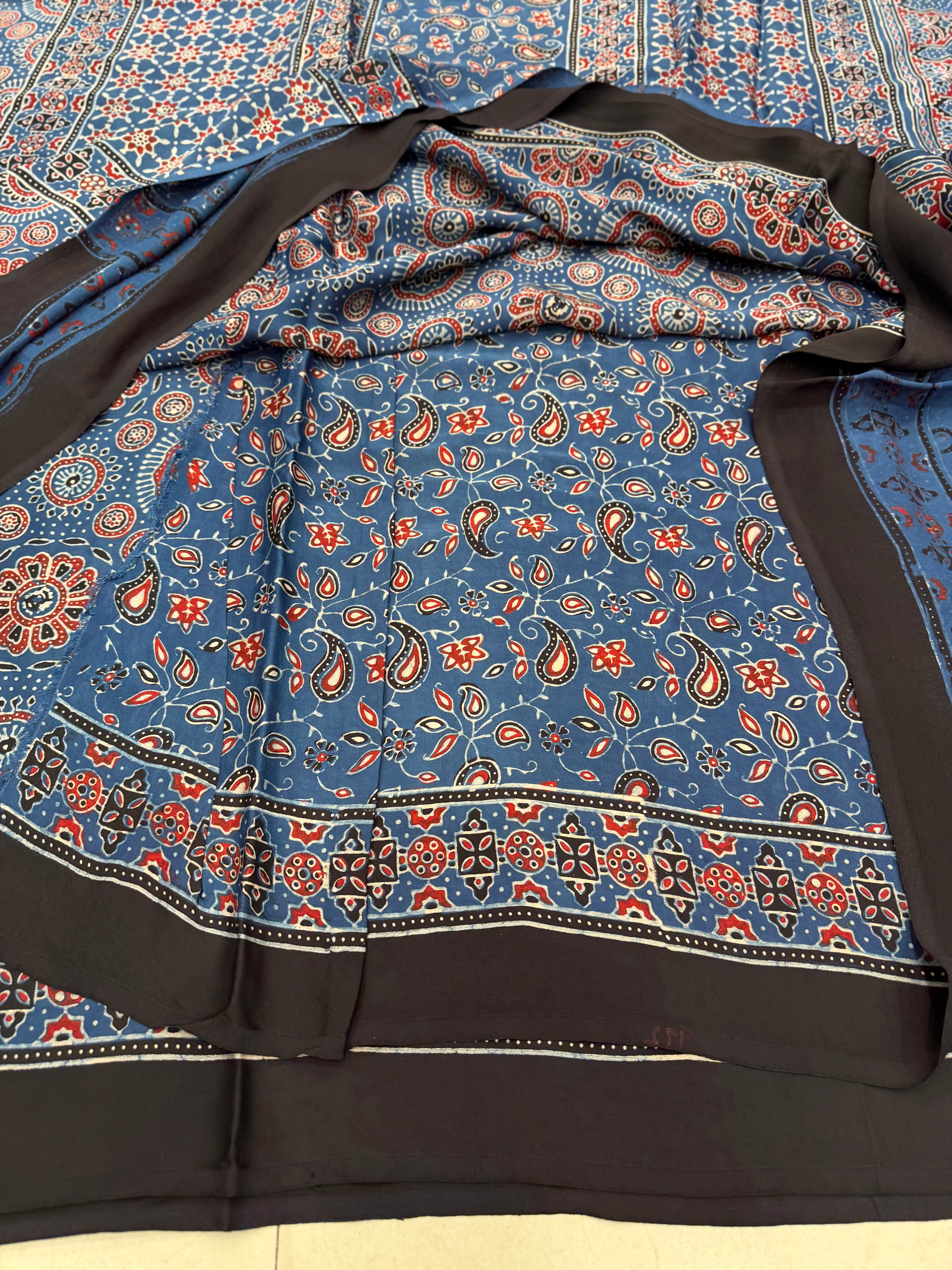 Blue Circles Ajrakh Hand Block Print Pure Modal Silk Saree