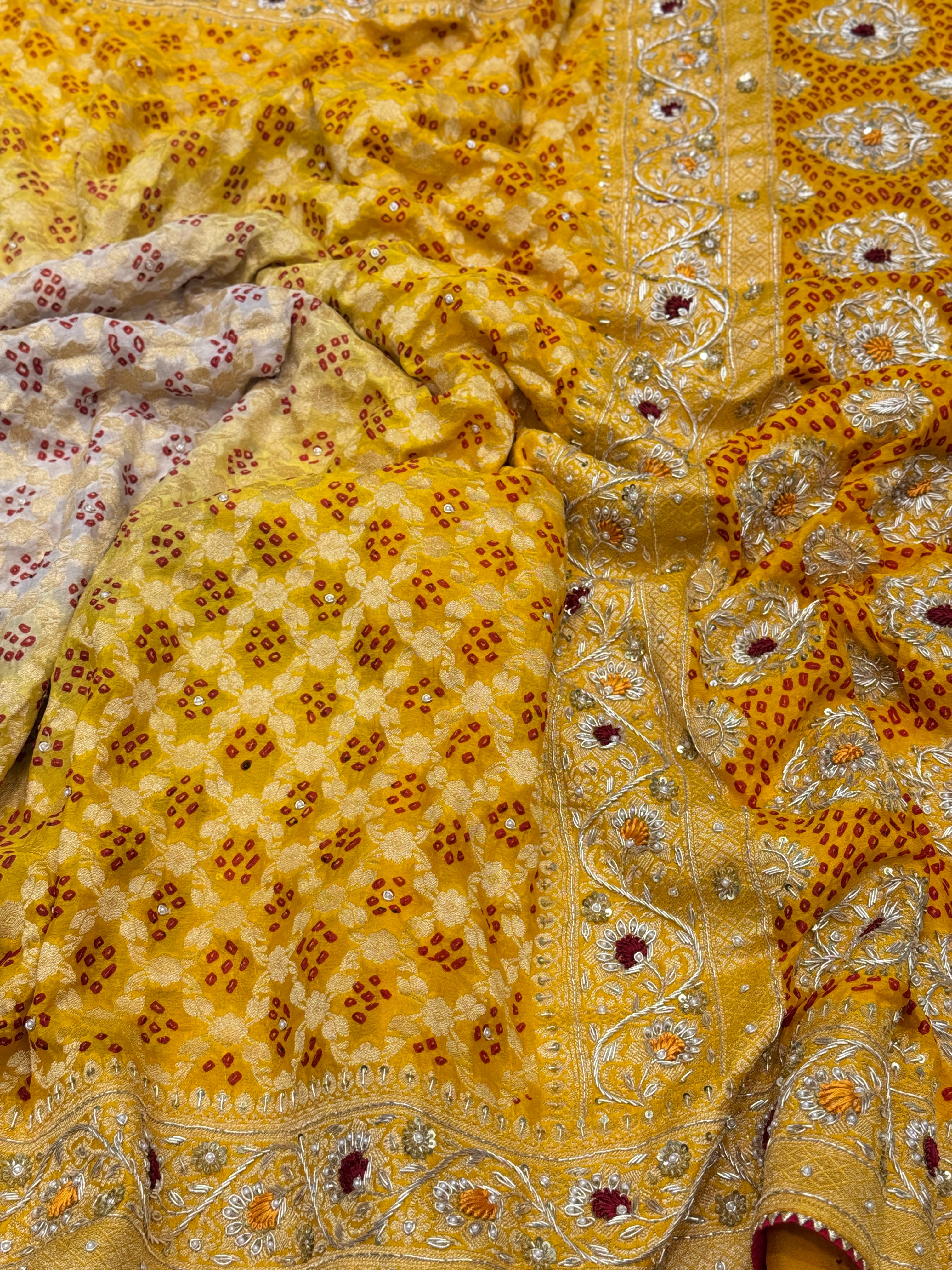 Yellow Bandhej Embroidery Saree