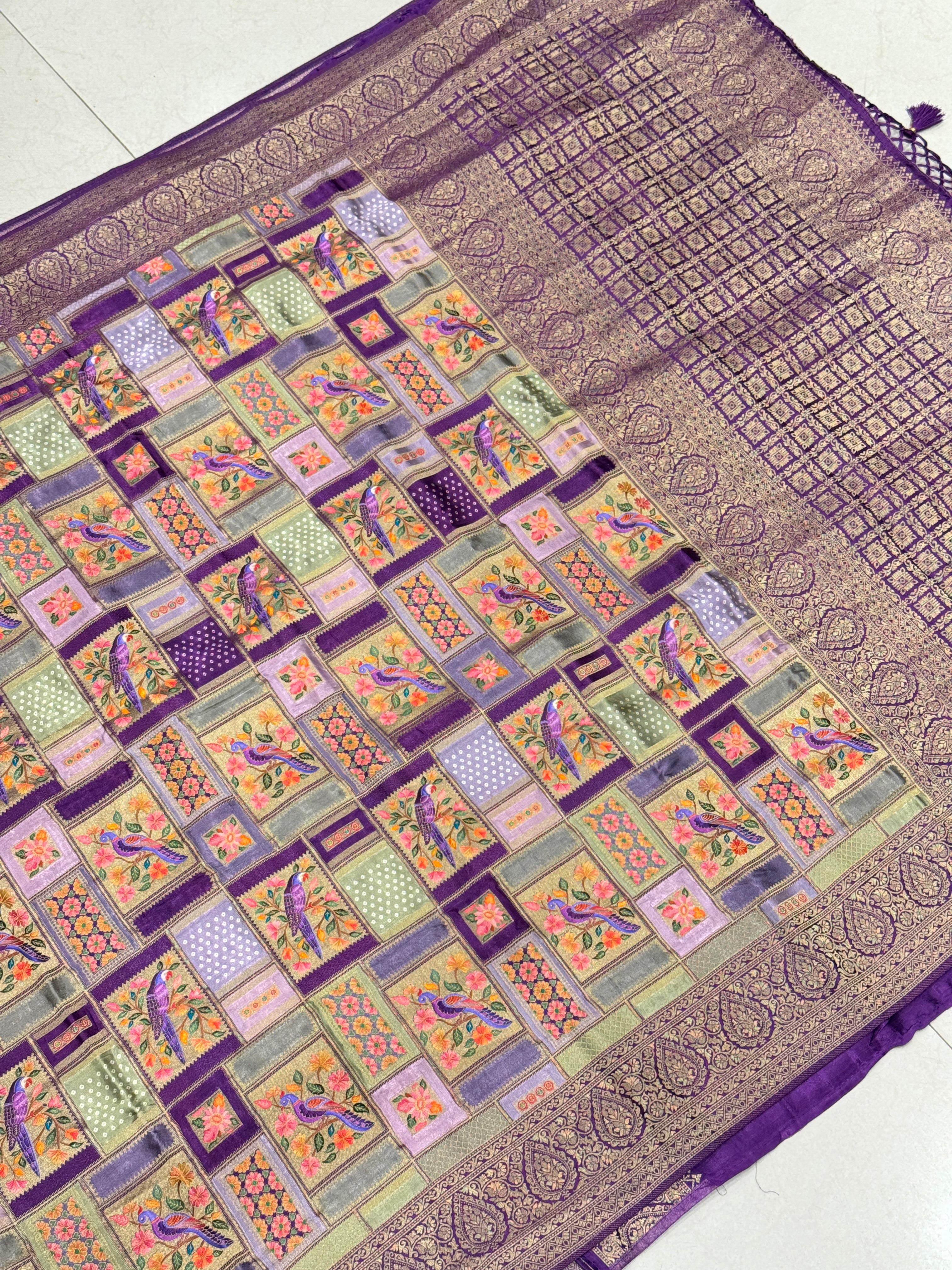 Violet Banarasi Modal Rangkat Satin Checkered Silk Saree