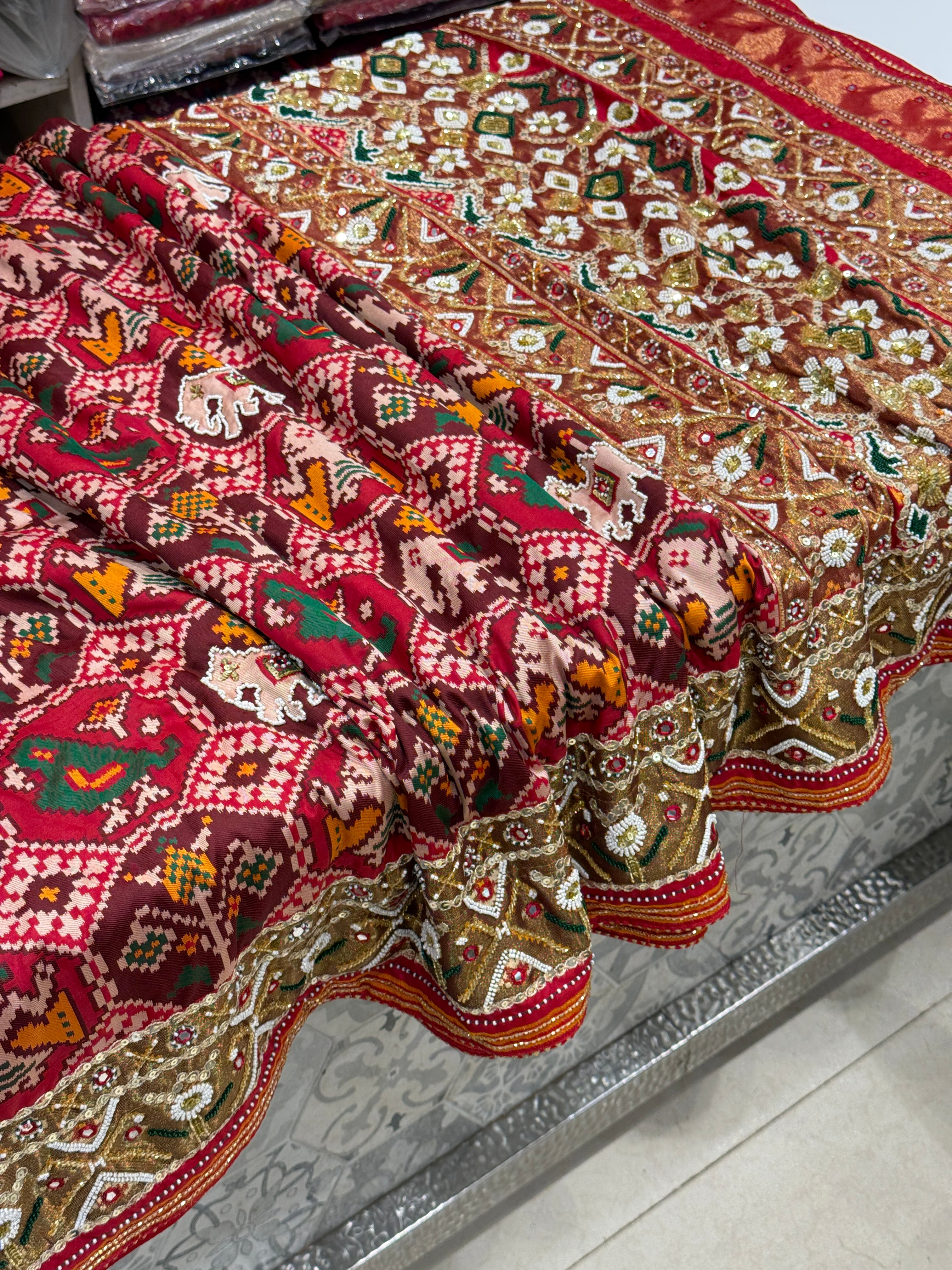 Red Nari Kunjar Bhat Patola Kidiya Moti Hand Embroidery Saree
