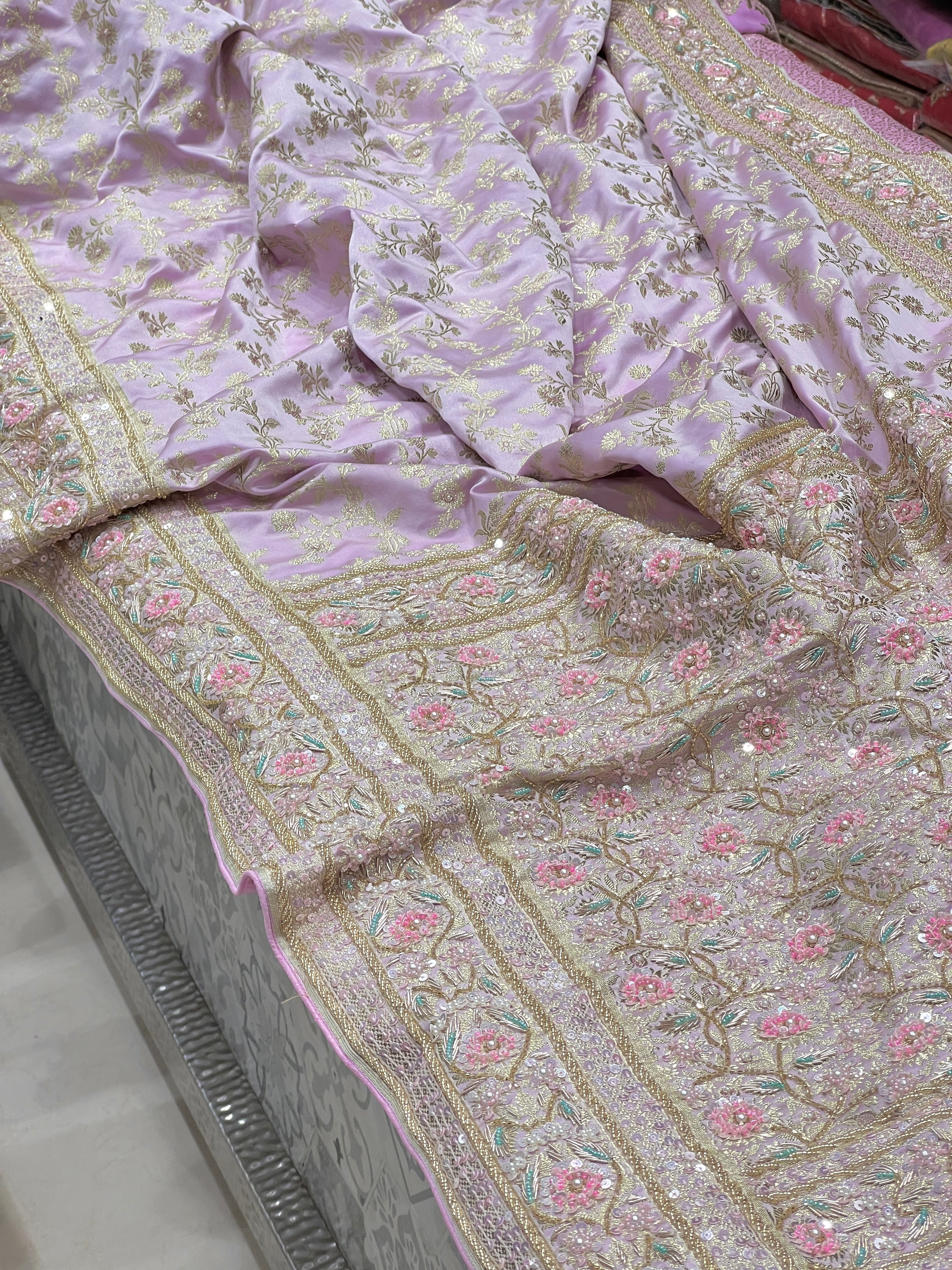 Lilac Banarasi Flower Border Fancy Hand Embroidery Saree