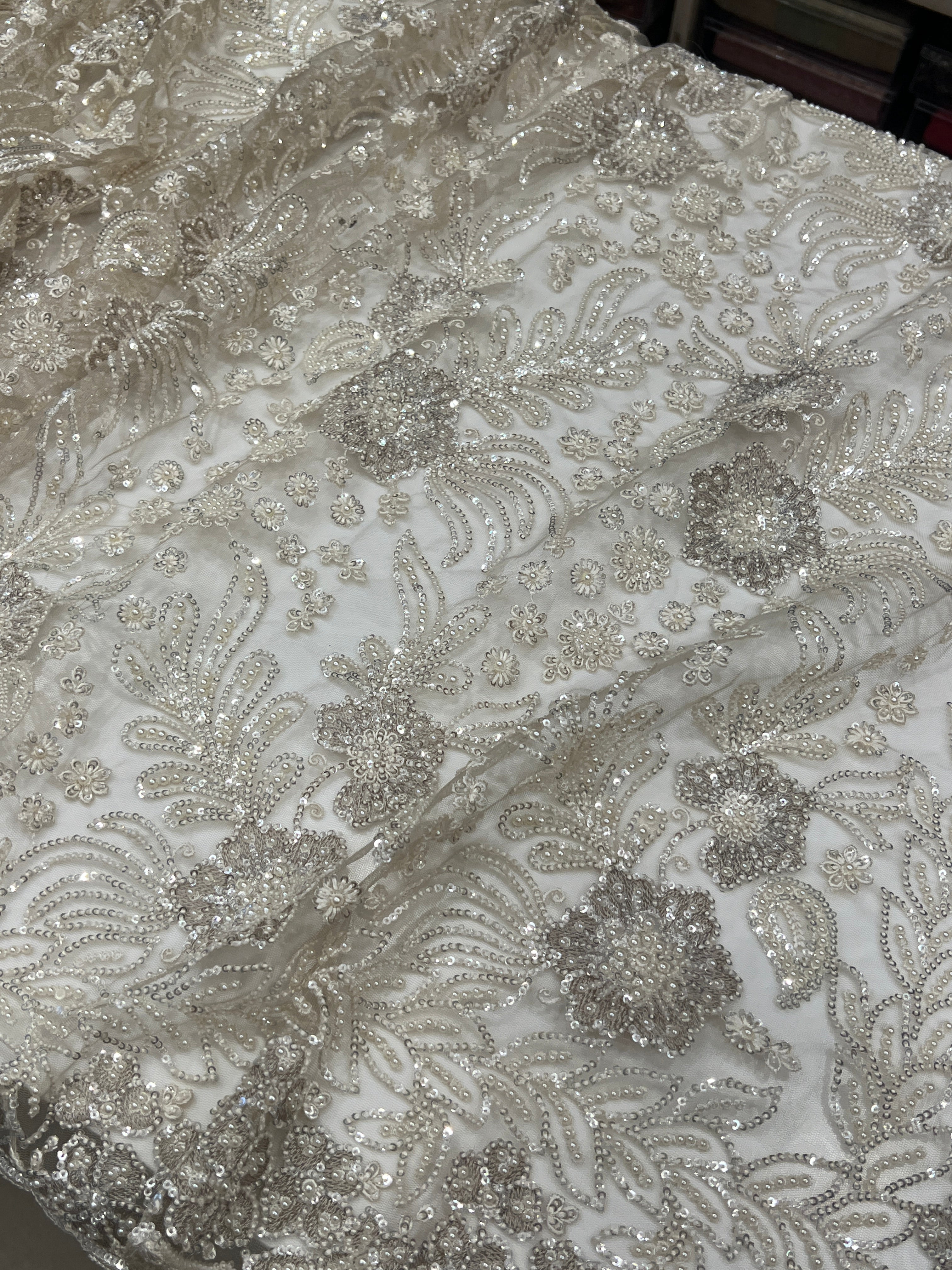 Champagne Resham Moti Jaal Net Embroidery Saree Heavy Blouse