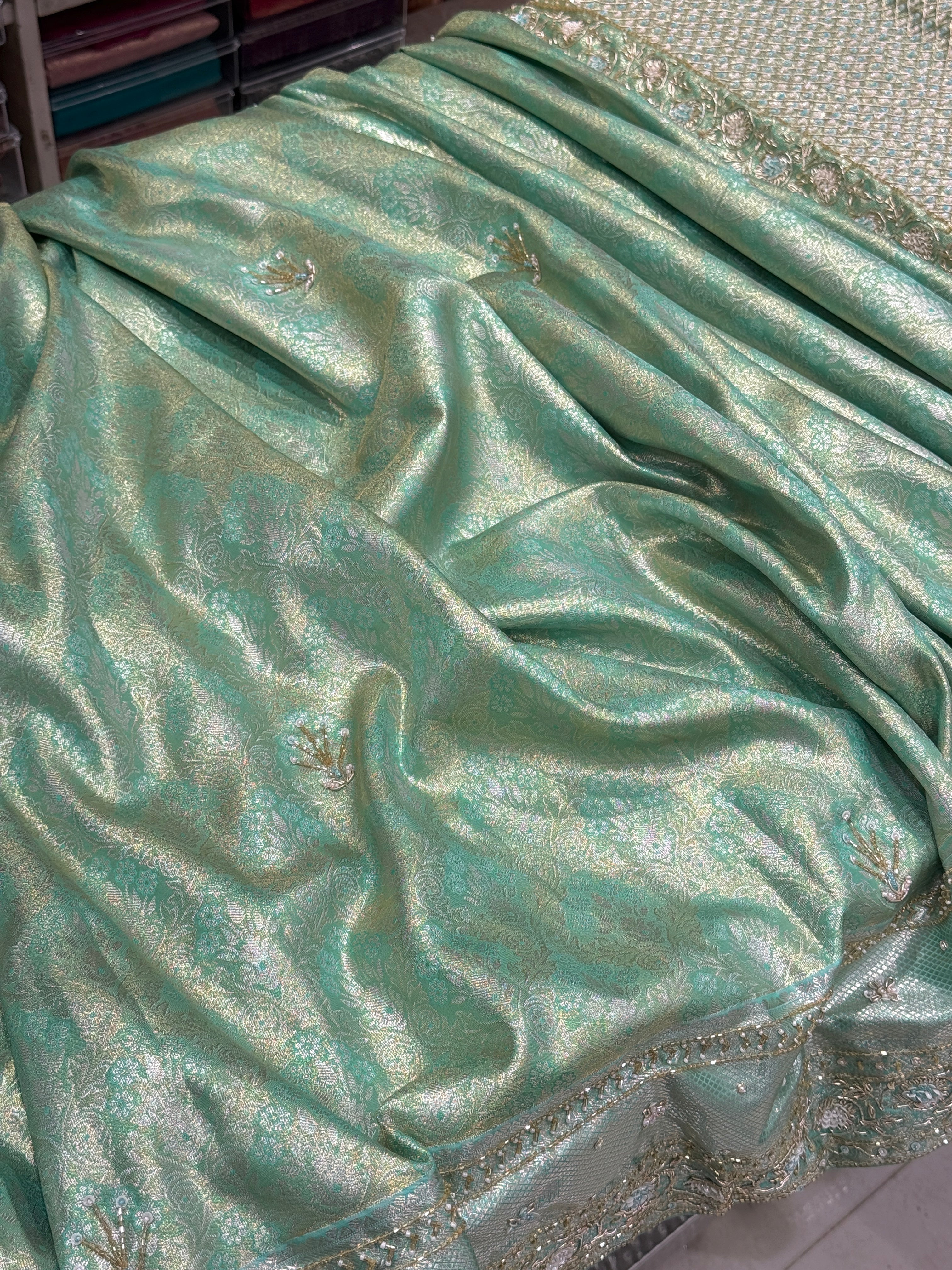 Pista Green Tissue Kanjivaram Hand Embroidery Saree