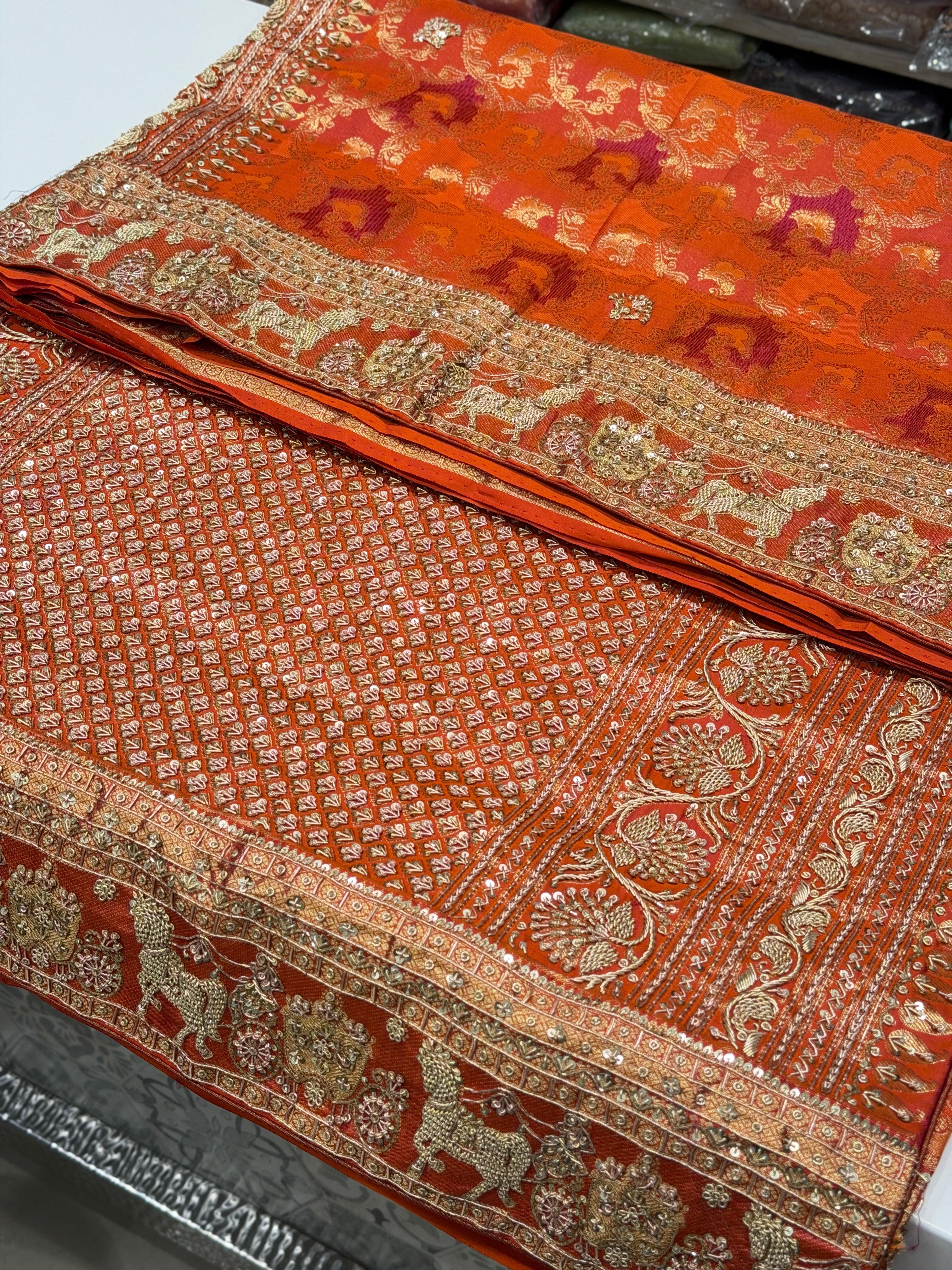 Orange Kanjivaram Doli Edit Zardosi Hand Embroidery Saree