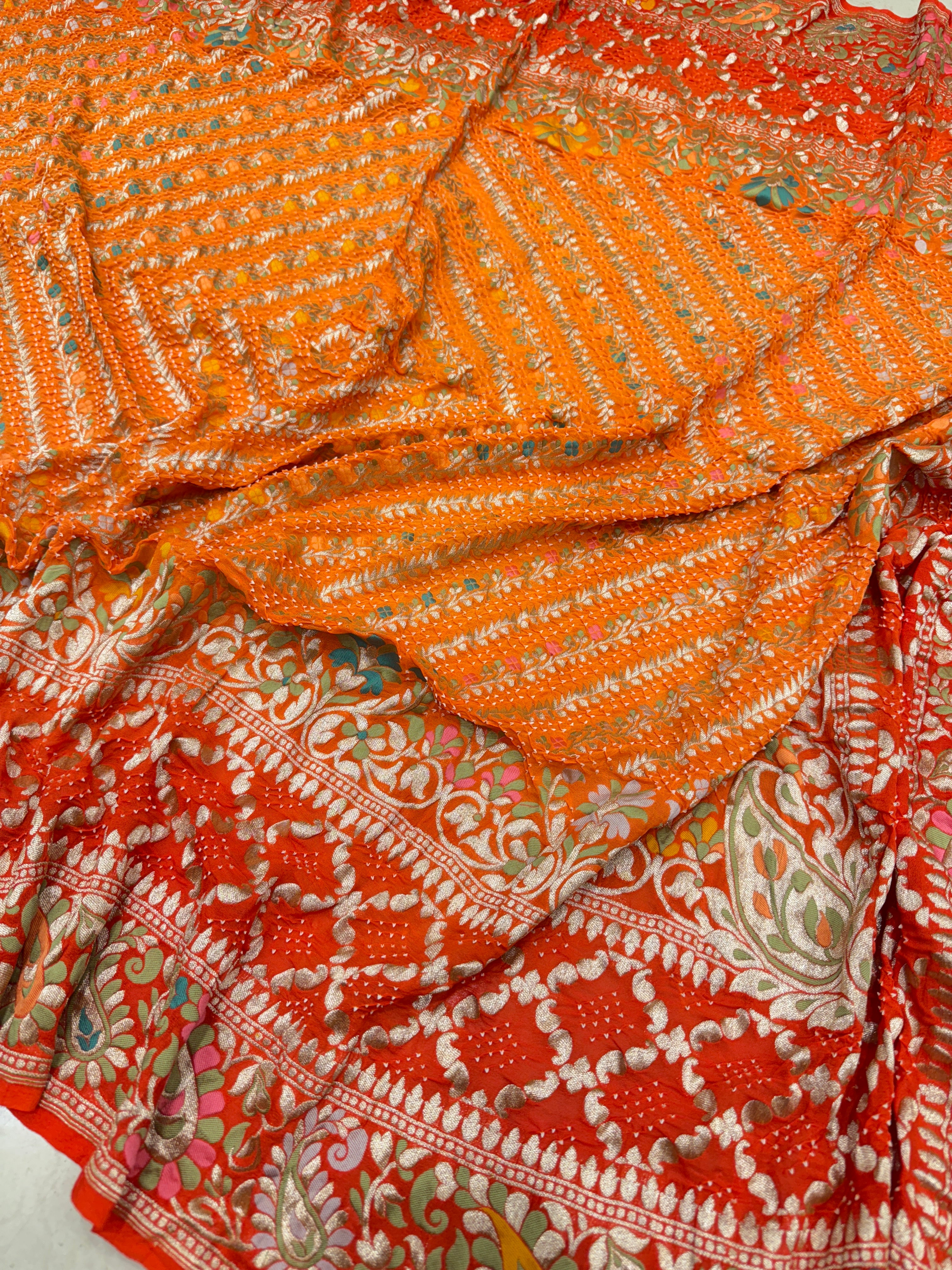 Shaded Orange Jaal Handloom Meenakari Rai Bandhej Pure Zari Dupatta