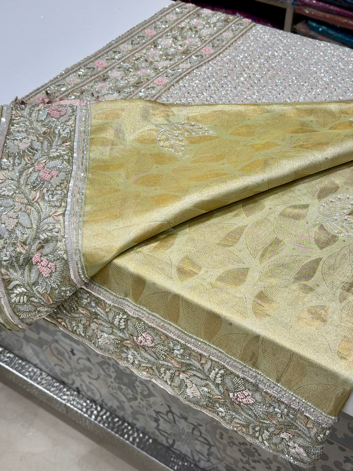 Pista Green Silver Kanjivaram Three Zari Hand Embroidery Zardosi Moti Sequin Saree