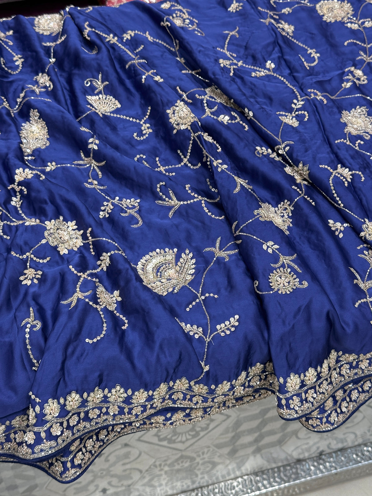 Blue Satin Silk Moti Sequin Jaal Hand Embroidery Saree