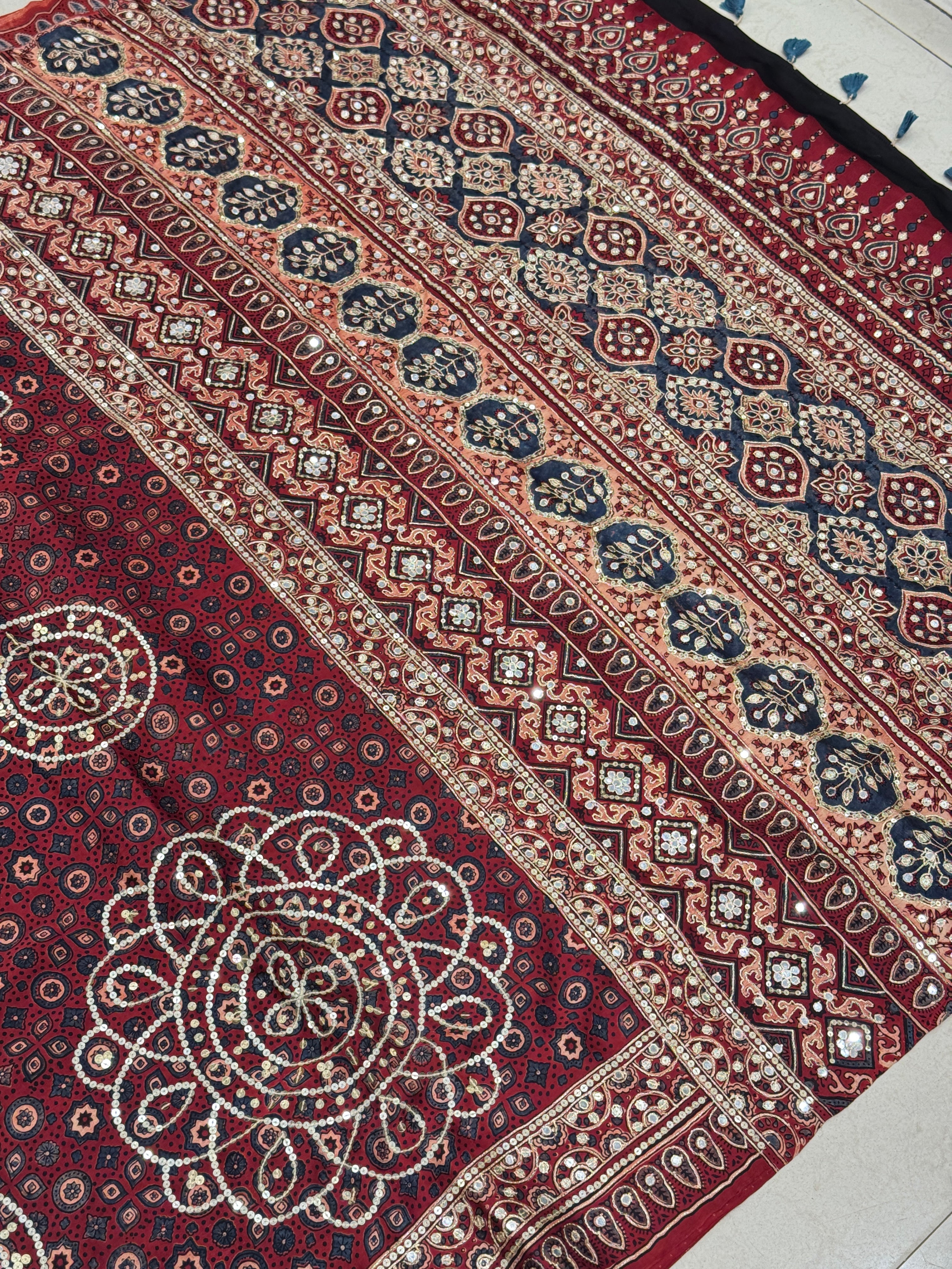 Red Alia Bhatt Inspired Hand Embroidery Ajrakh Saree