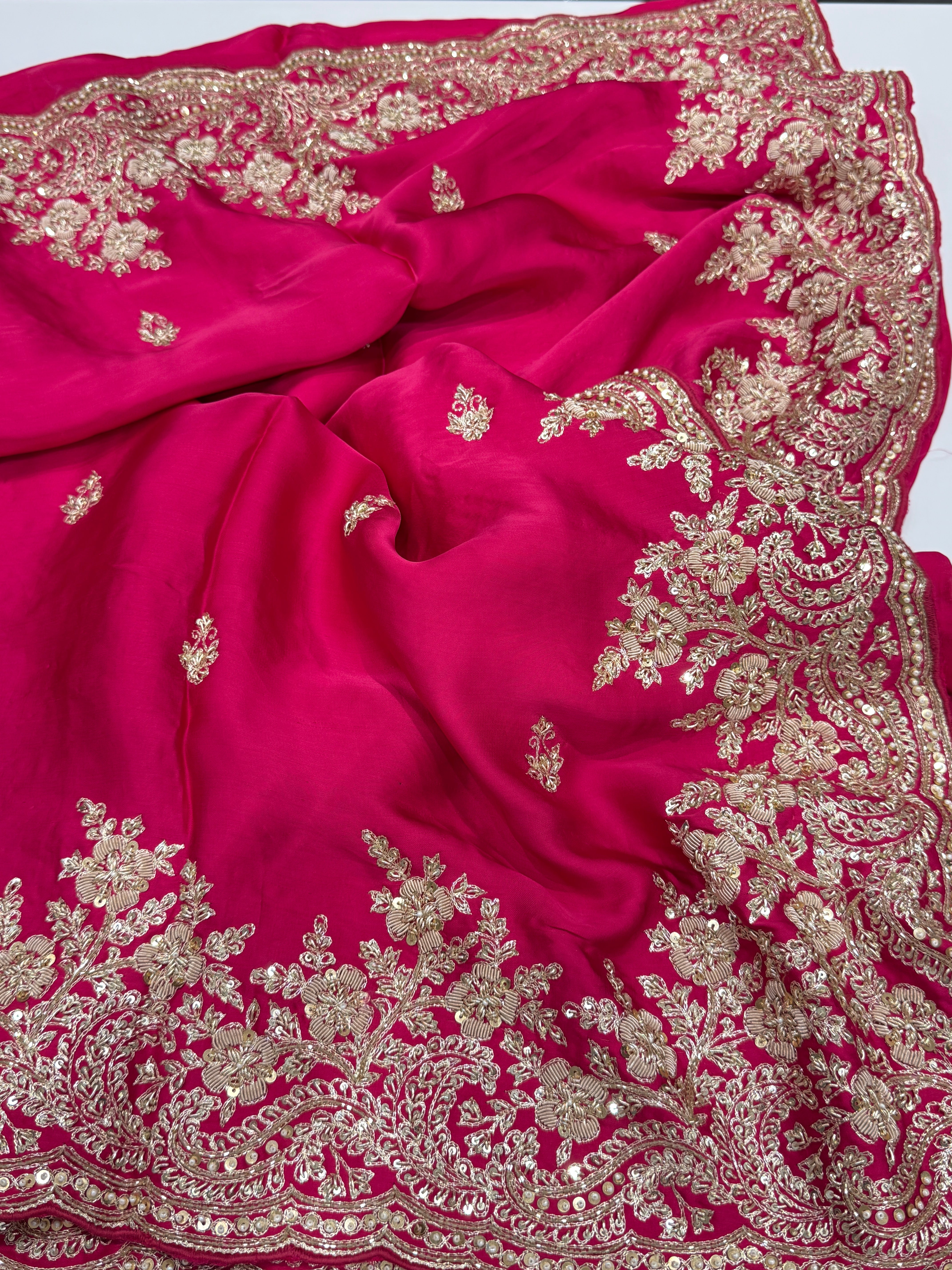 Rani Pink Buttis Satin Hand Embroidery Zardosi Saree
