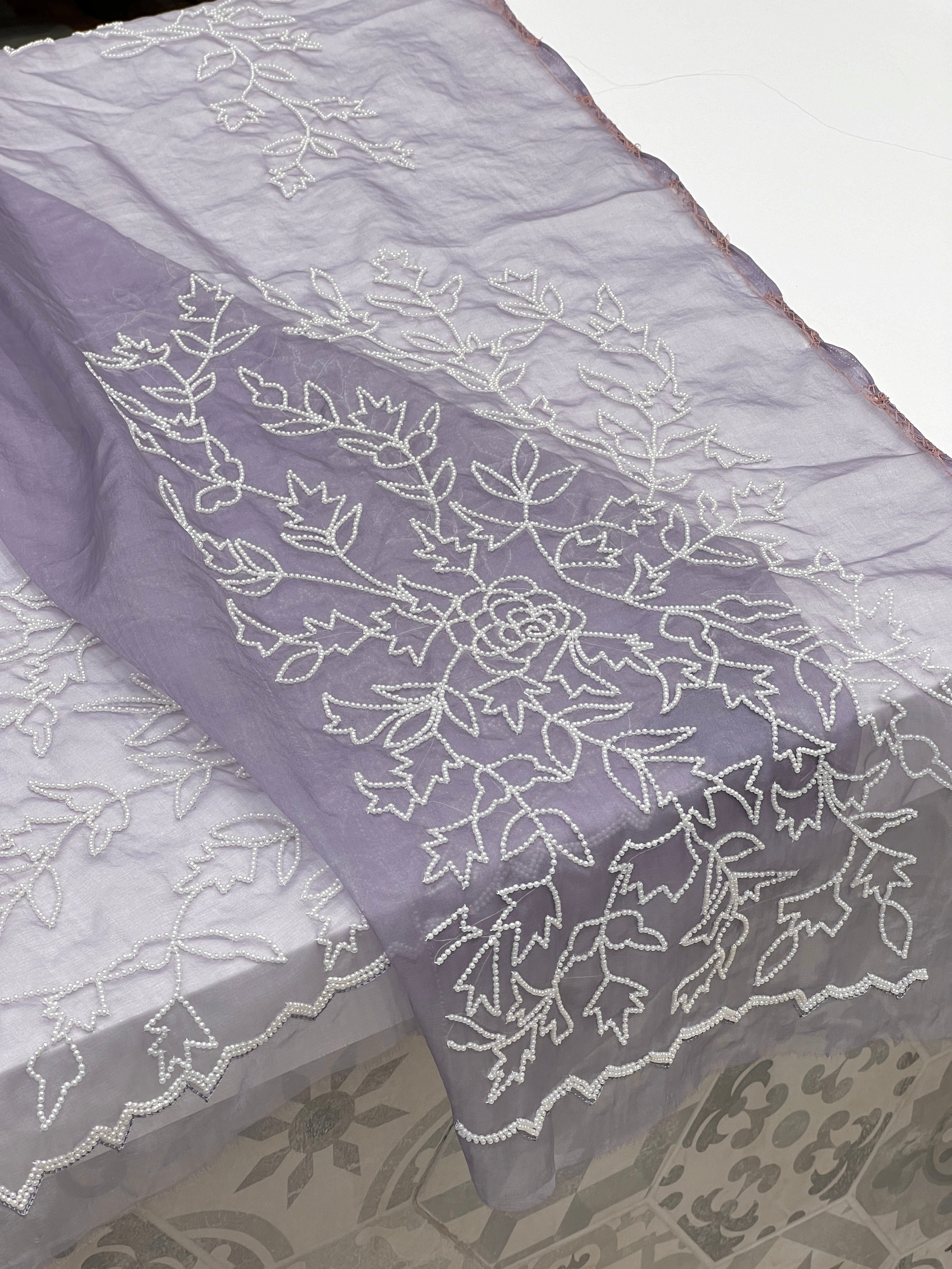 Dark Lilac Organza Moti Hand Embroidery Saree