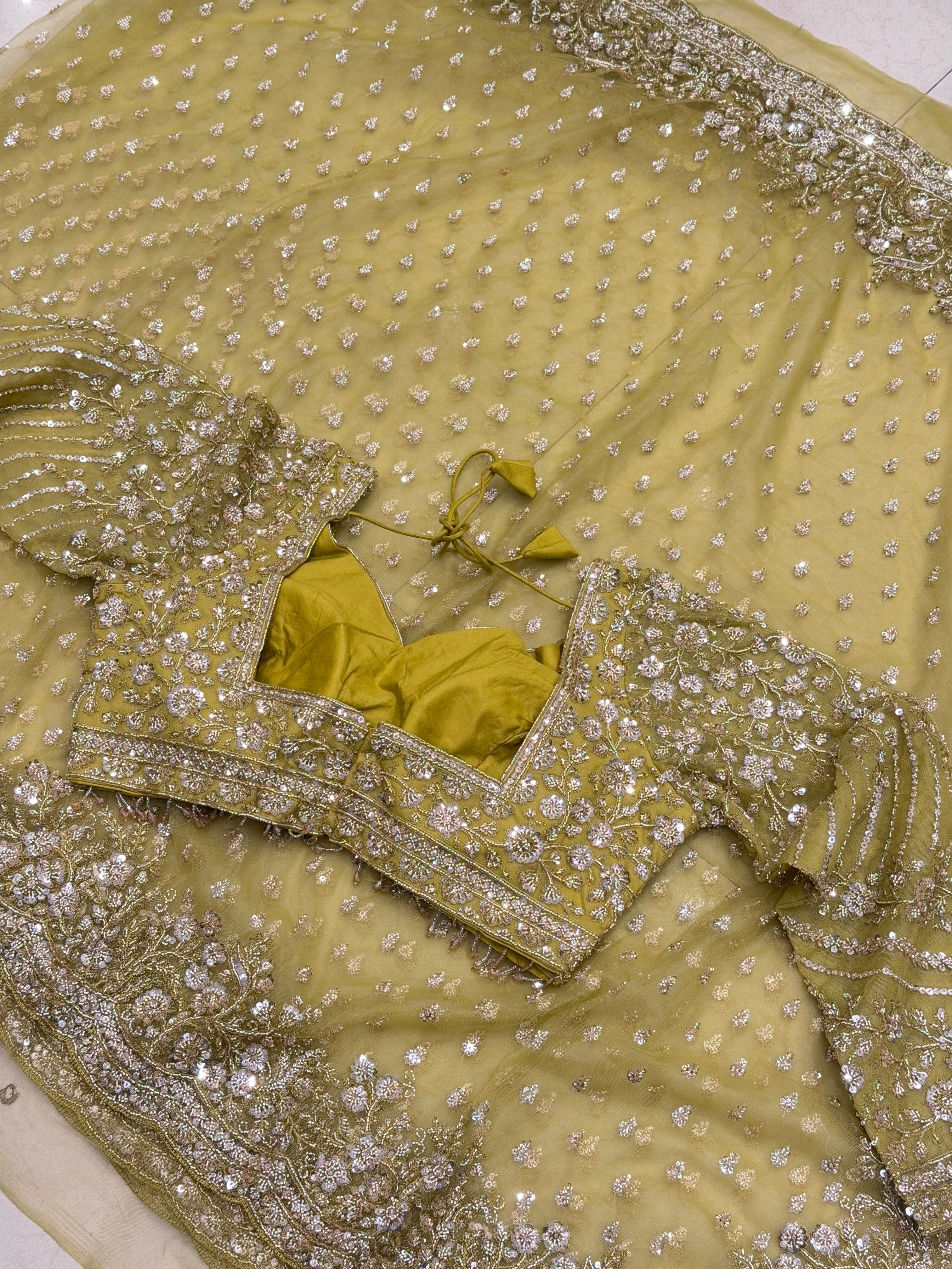 Lime Green Moti Sequin Ready Blouse Soft Net Embroidery Saree