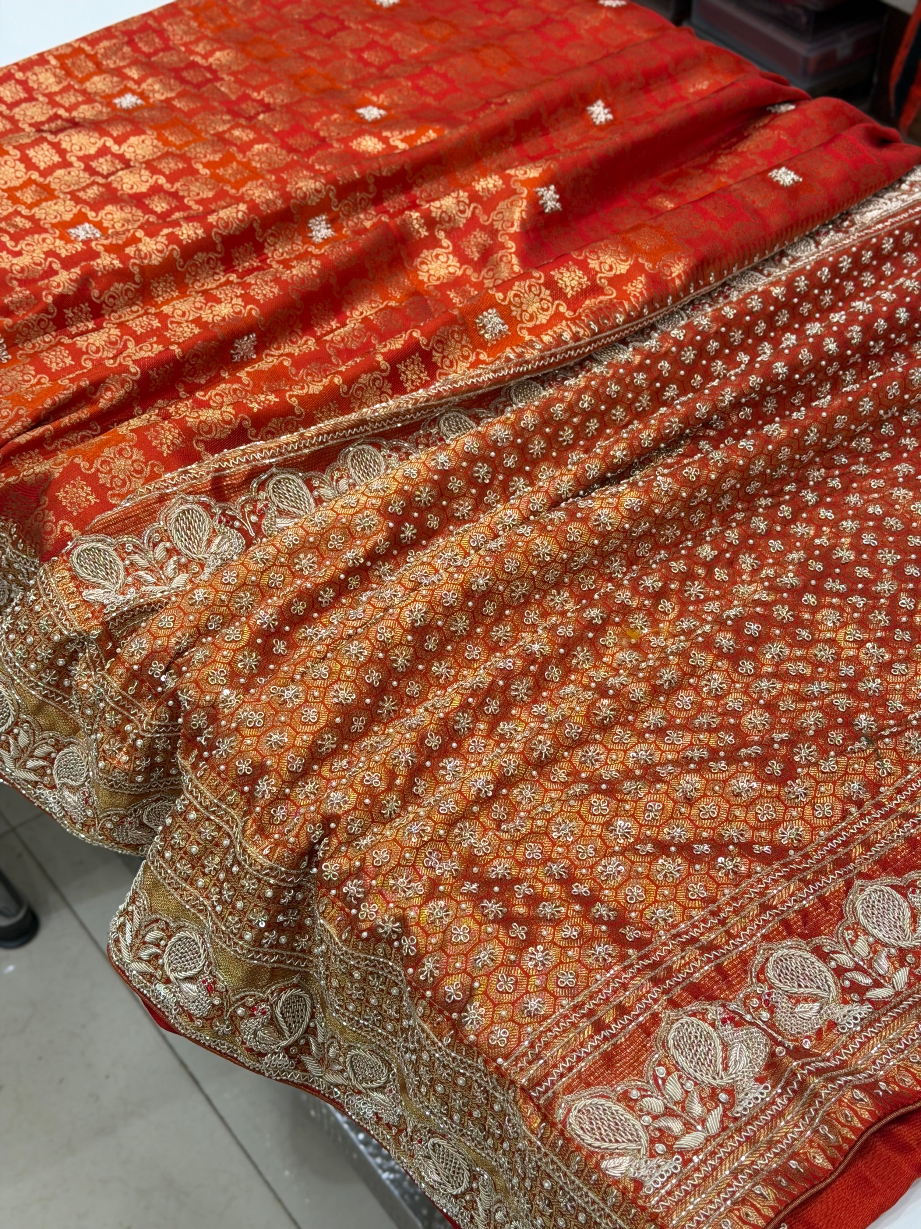 Rust Orange Kanjivaram Peacock Motif Hand Embroidery Zardosi Saree