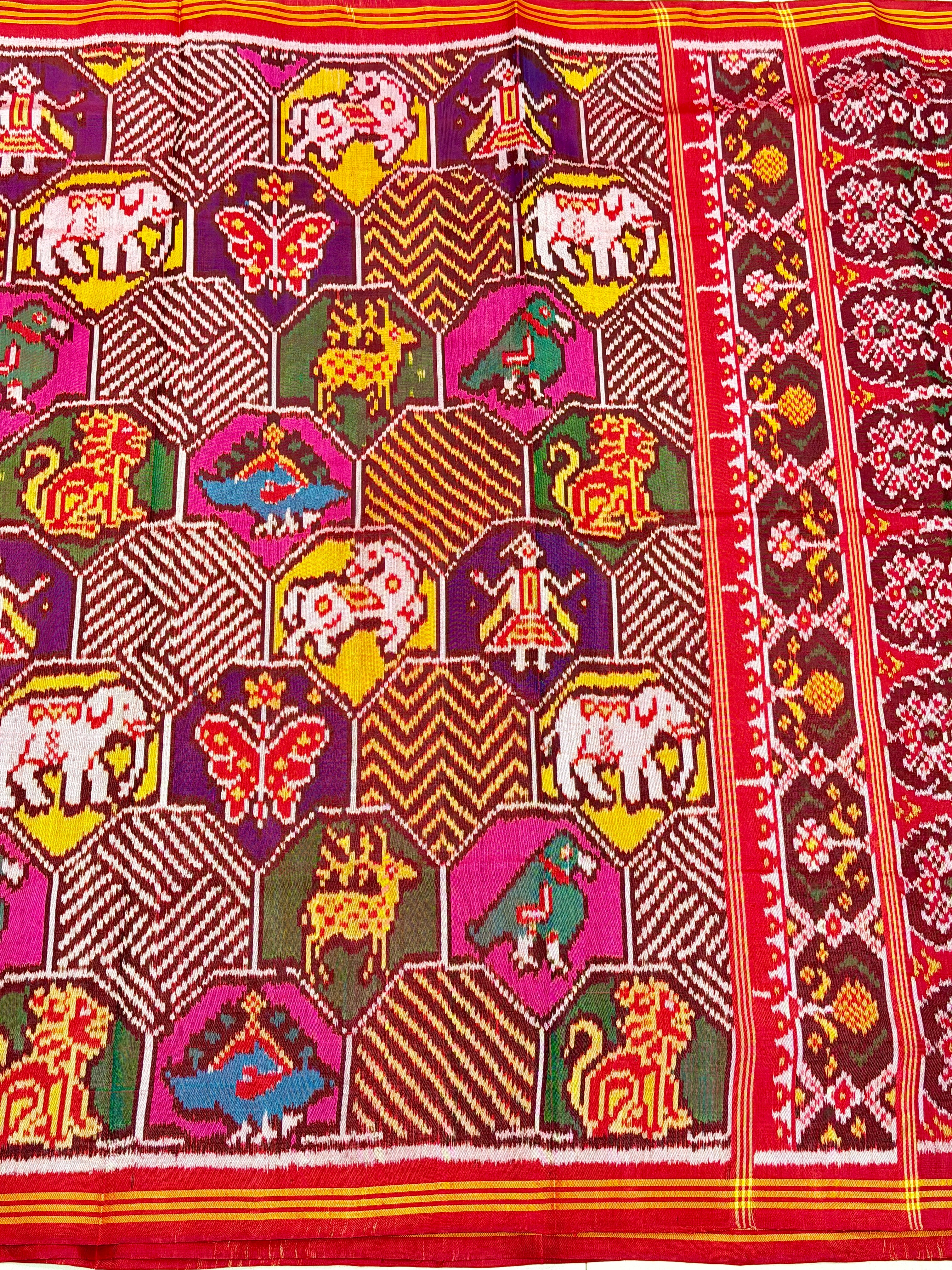 Rani Contemporary Elephant Motifs Pure Silk Handloom Patola Saree