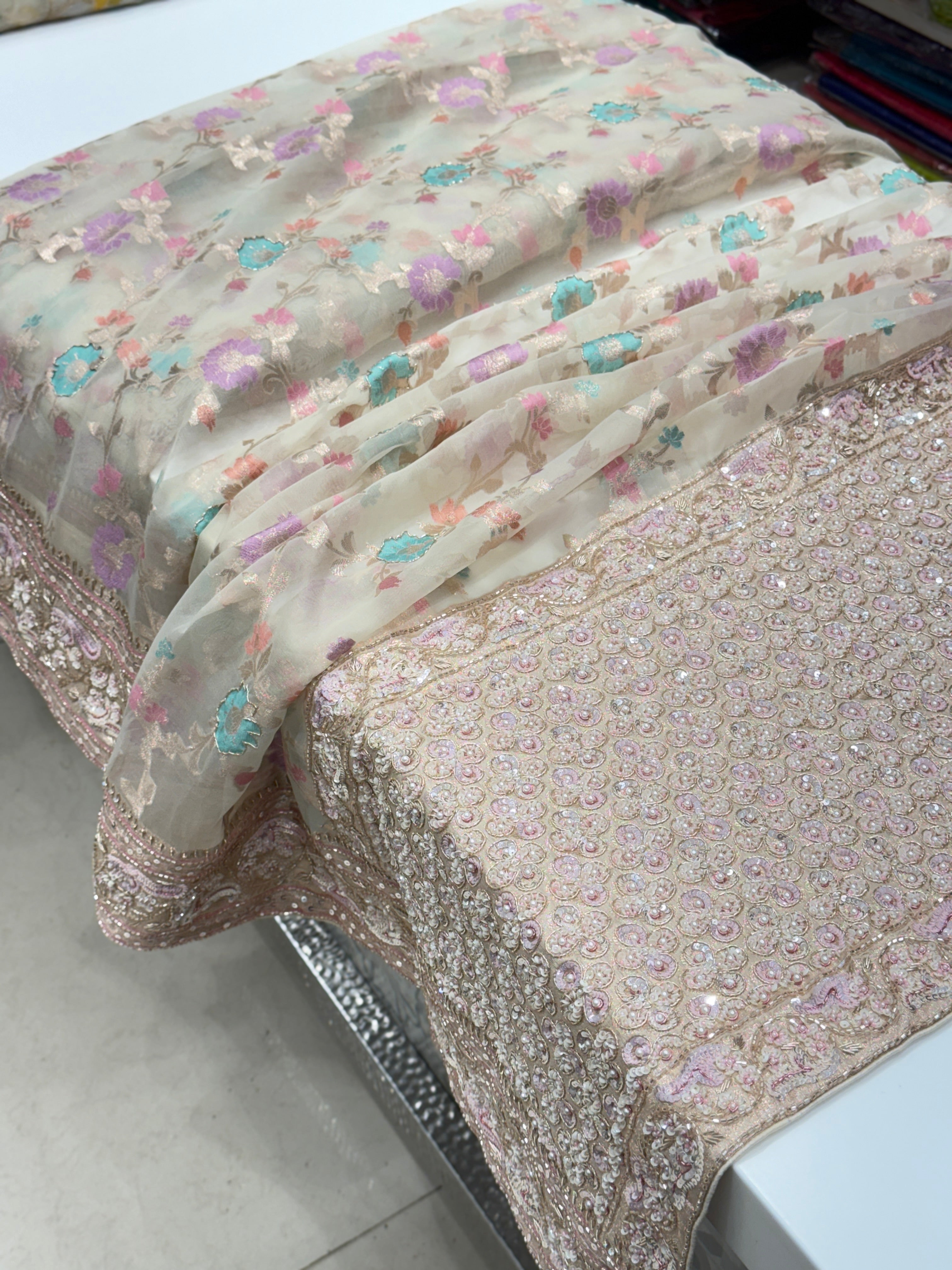 Beige Meenakari Banarasi Kora Sequin Zardosi Hand Embroidery Saree