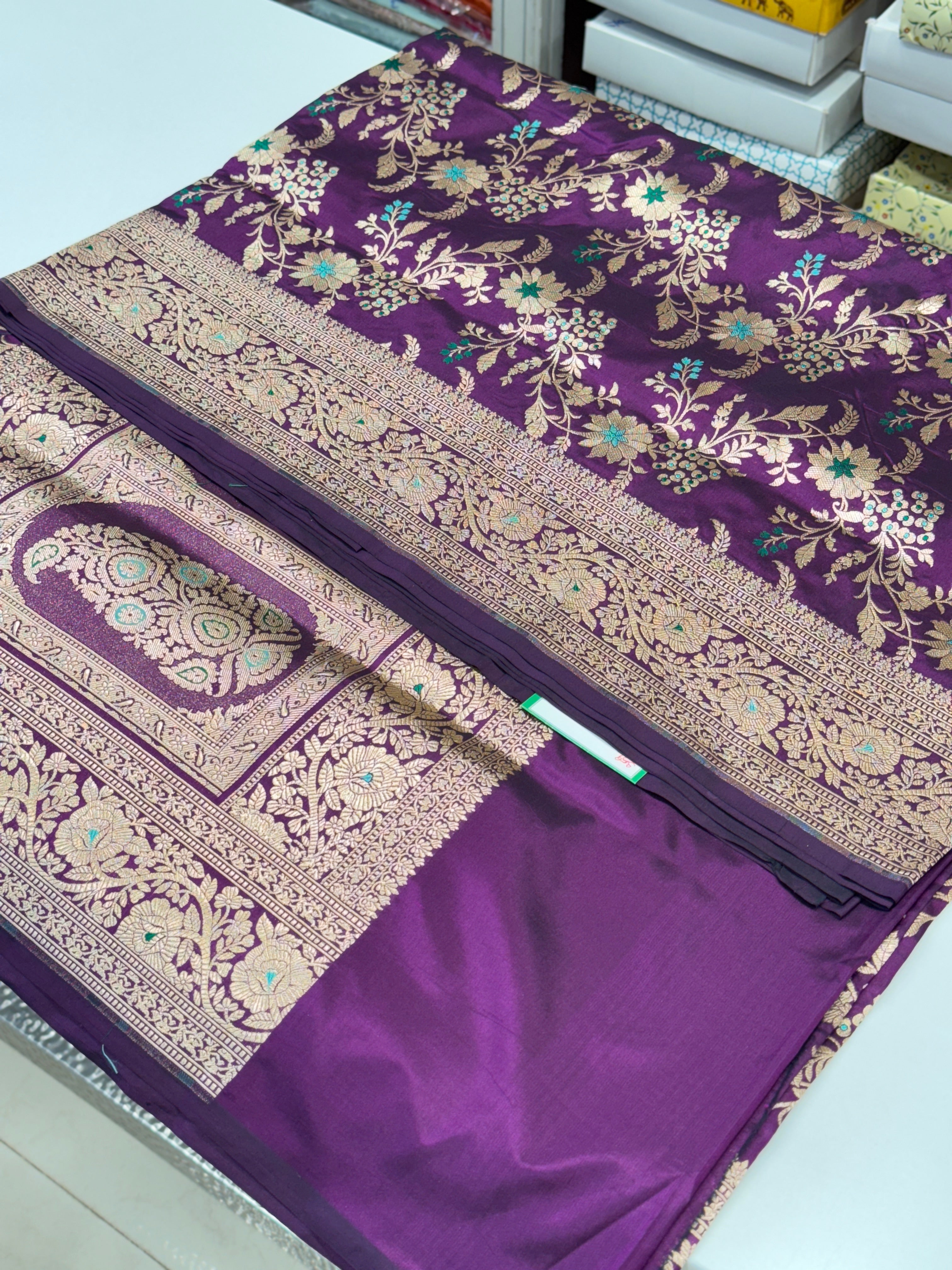 Violet Handloom Meenakari Katan Silk Saree Konai Pallu