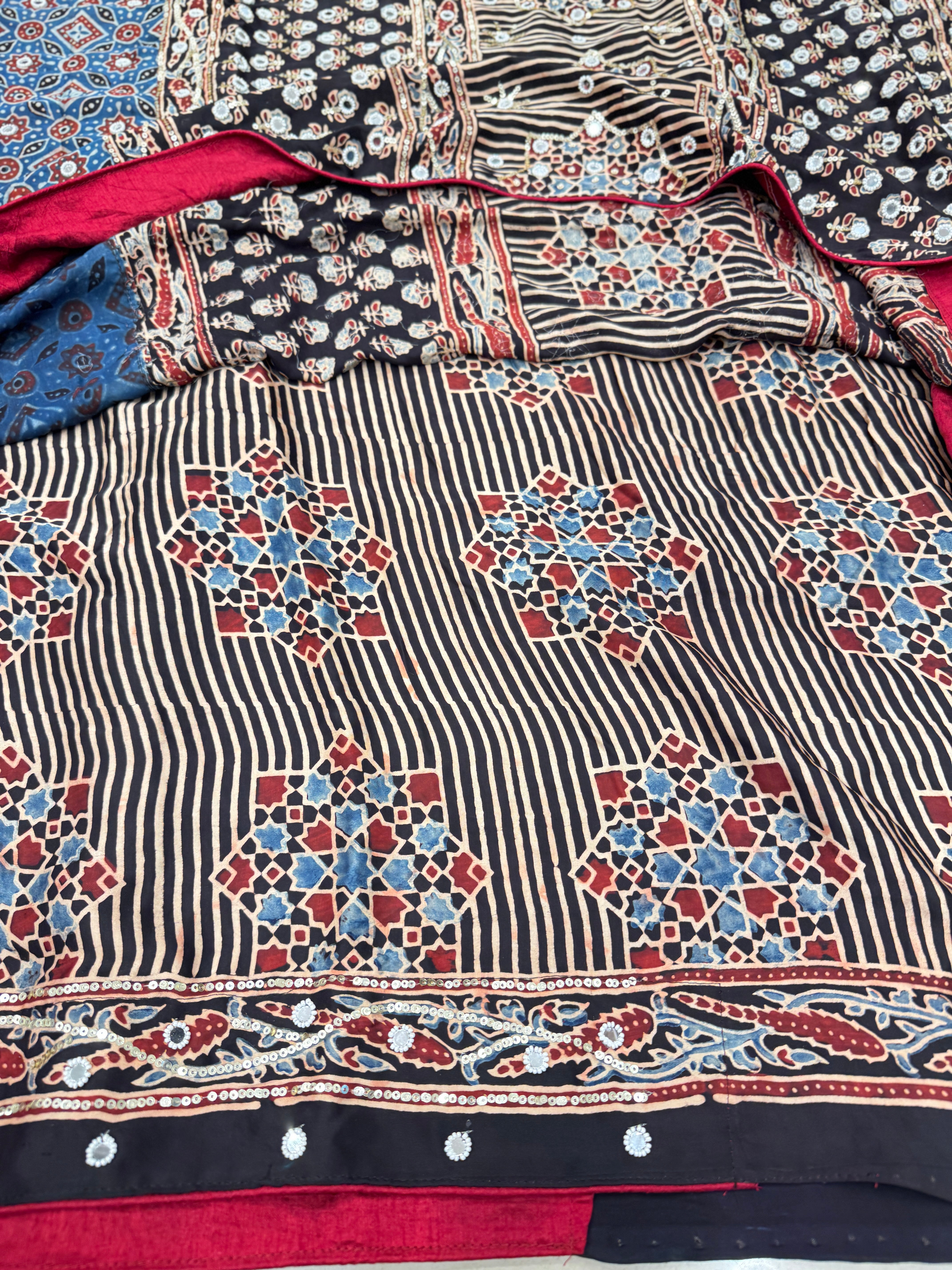 Blue Black Jaal Ajrakh Real Mirror Moti Sequin Hand Embroidery Saree